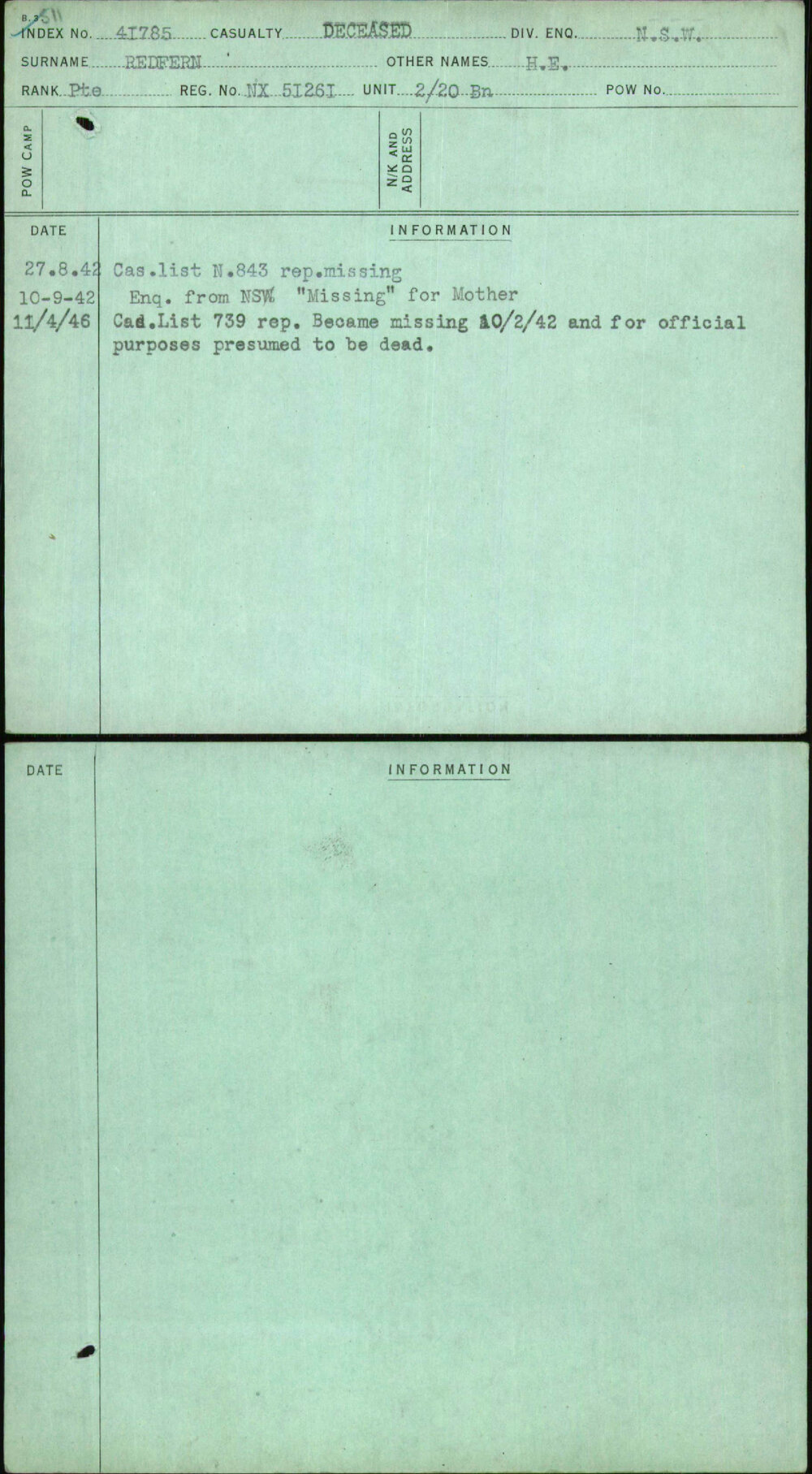 Redfern, H E, NX51261