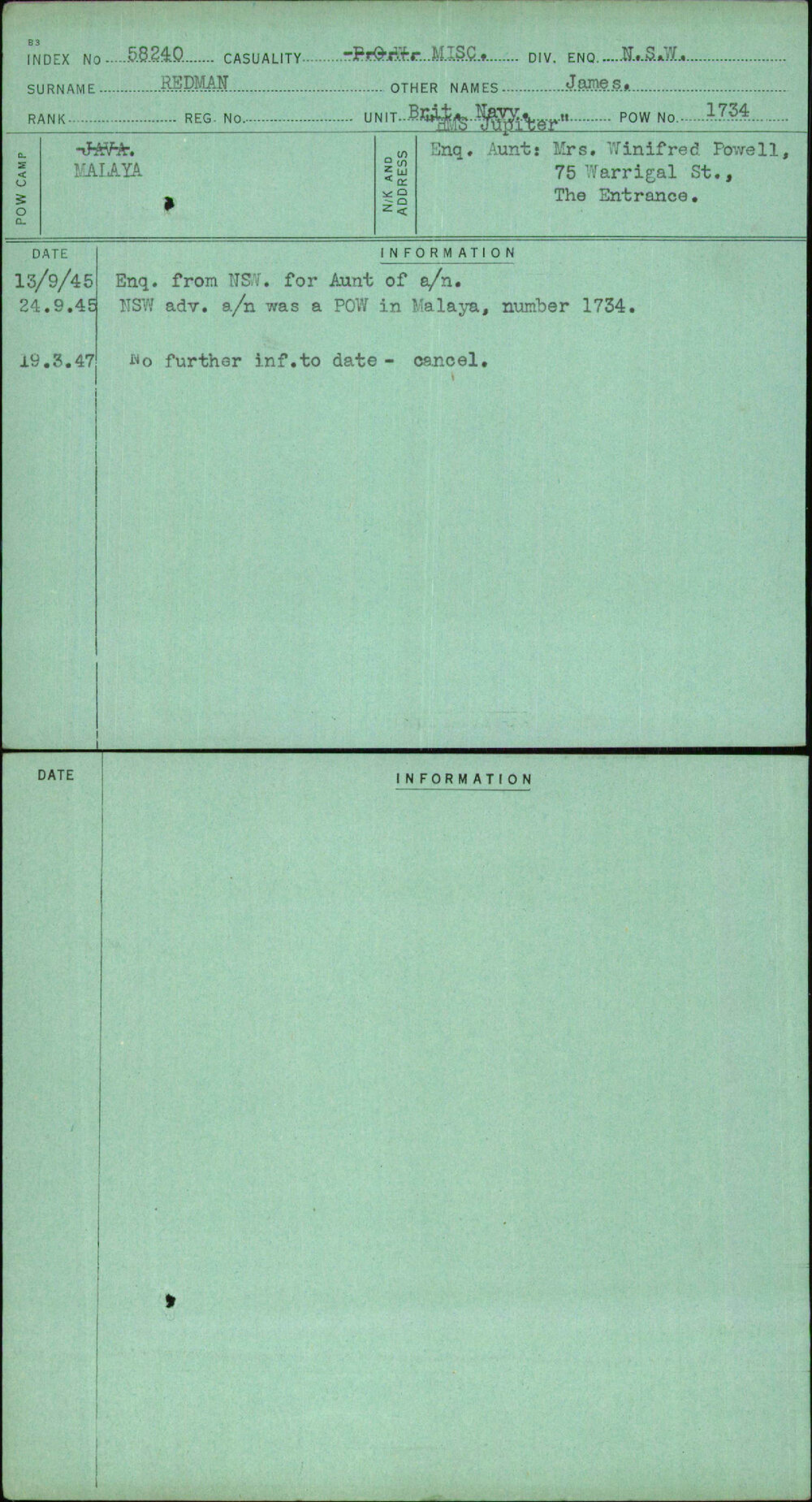 Redman, James, [No Service Number]