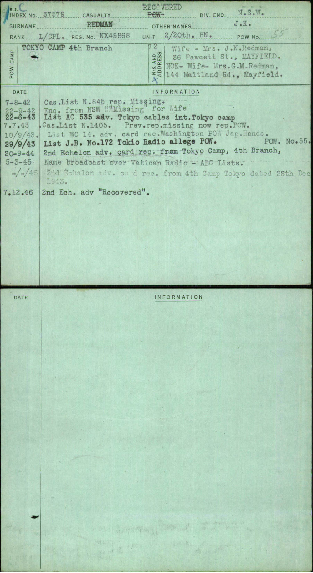 Redman, J K, NX45868