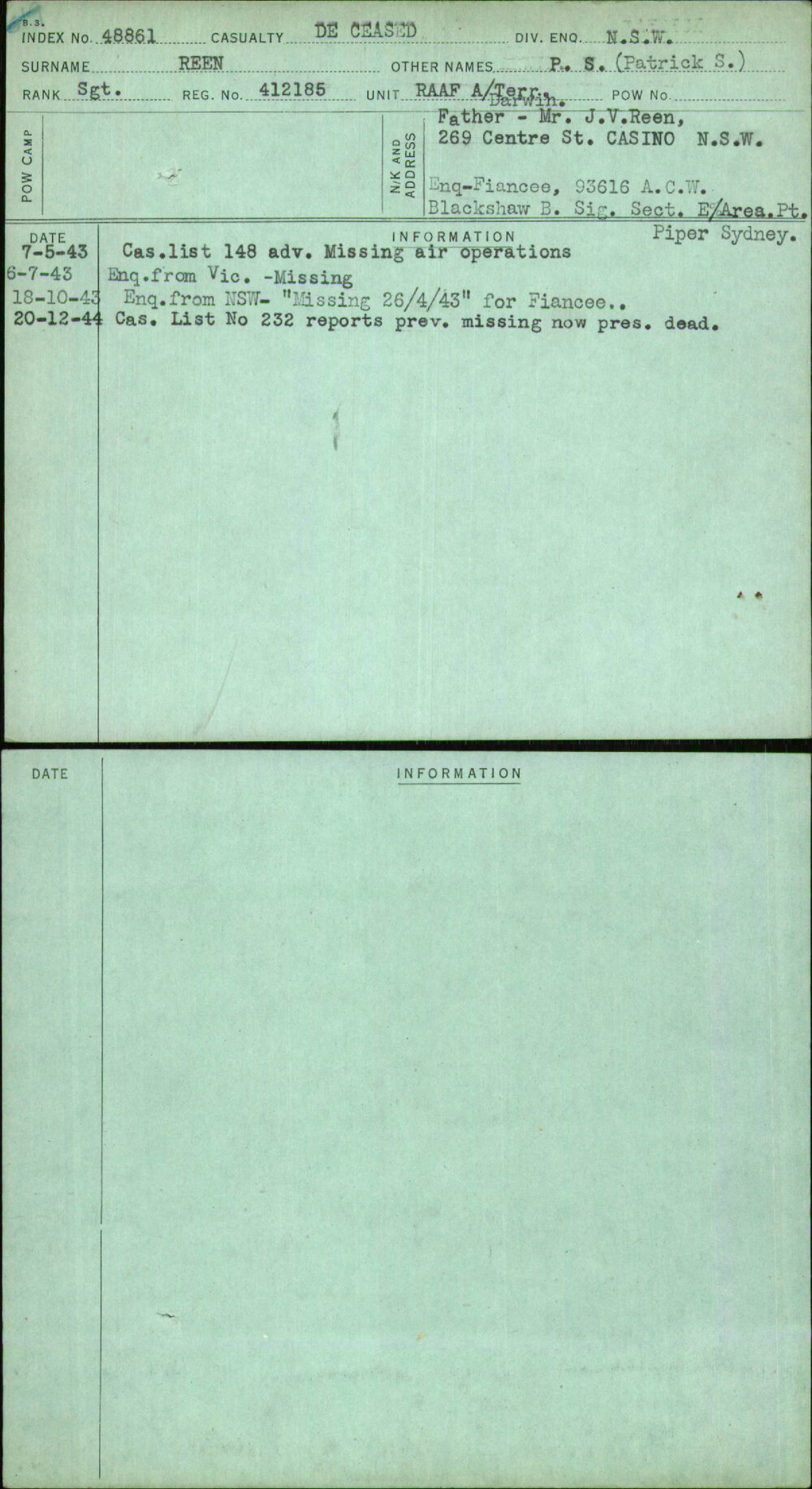 Reen, P S (Patrick S), 412185