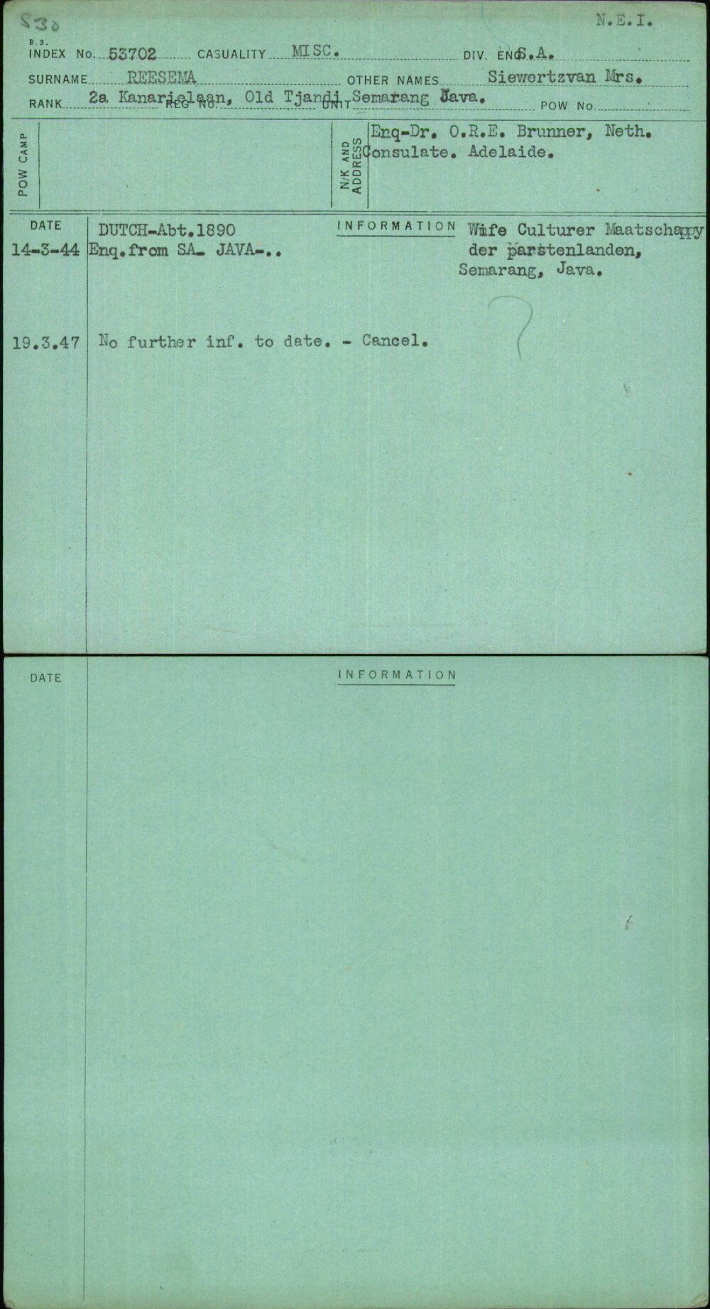 Reesema, Siewertzvan Mrs, [No Service Number]