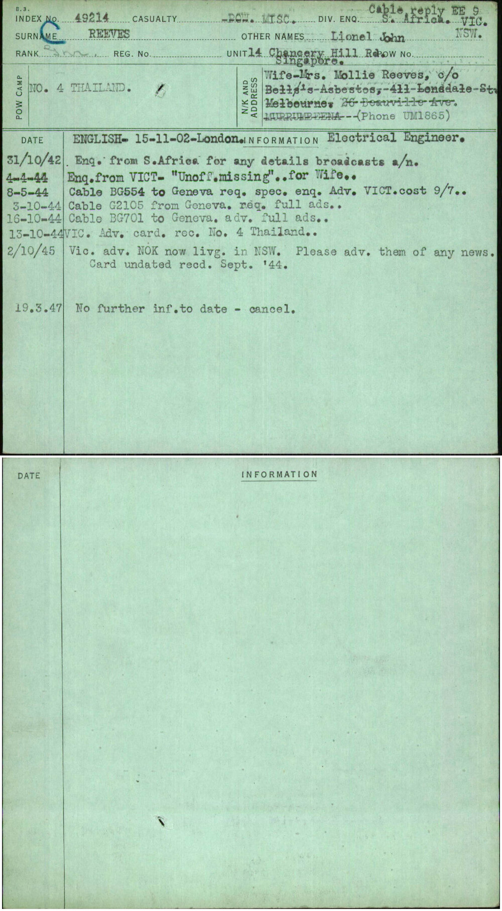 Reeves, Lionel John, [No Service Number]