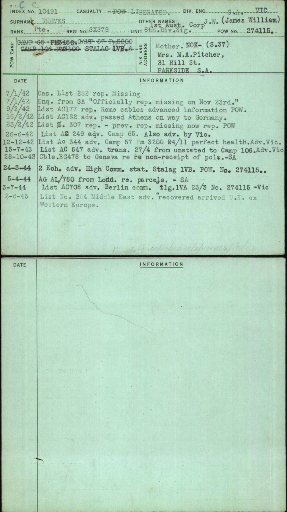 Reeves, J W (James William), SX879