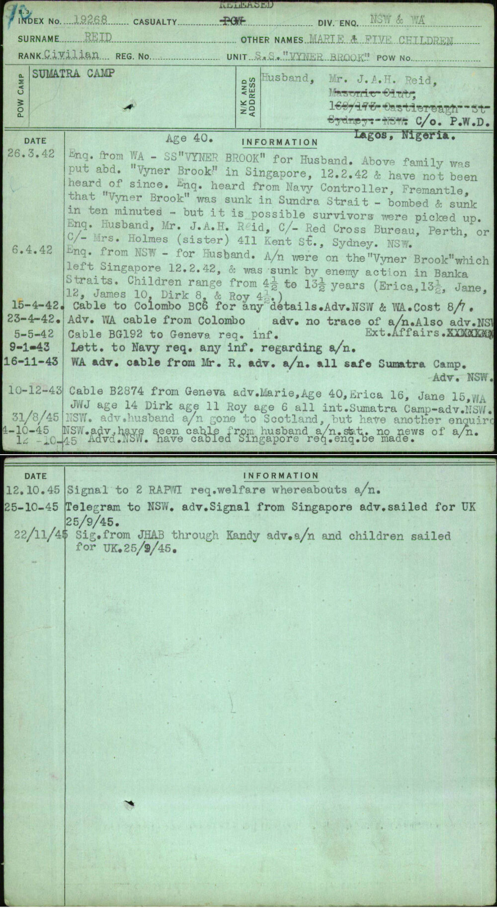 Reid, Marie &amp; Five Children, [No Service Number]