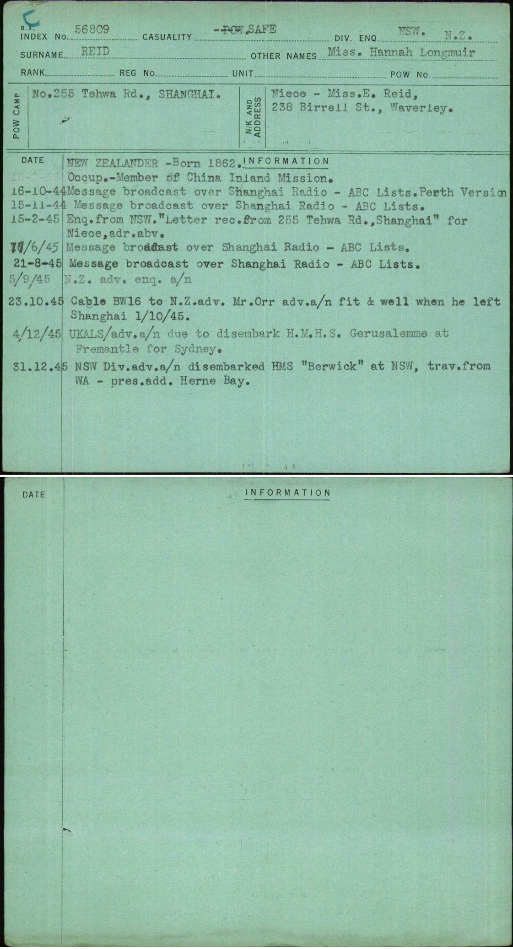 Reid, Miss Hannah Longmuir, [No Service Number]