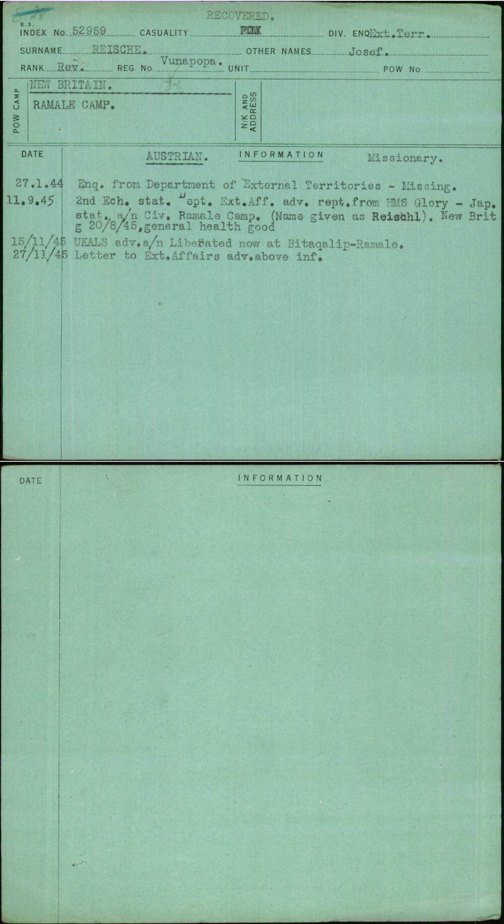 Reische, Josef, Vunapopa