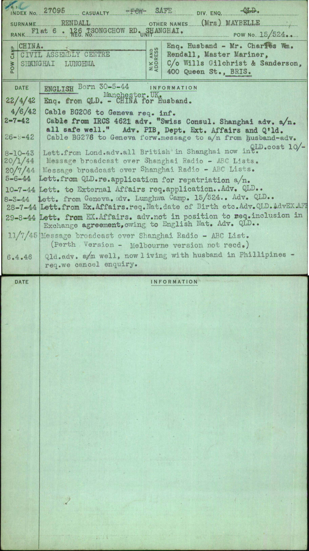 Rendall, (Mrs) Maybelle, [No Service Number]