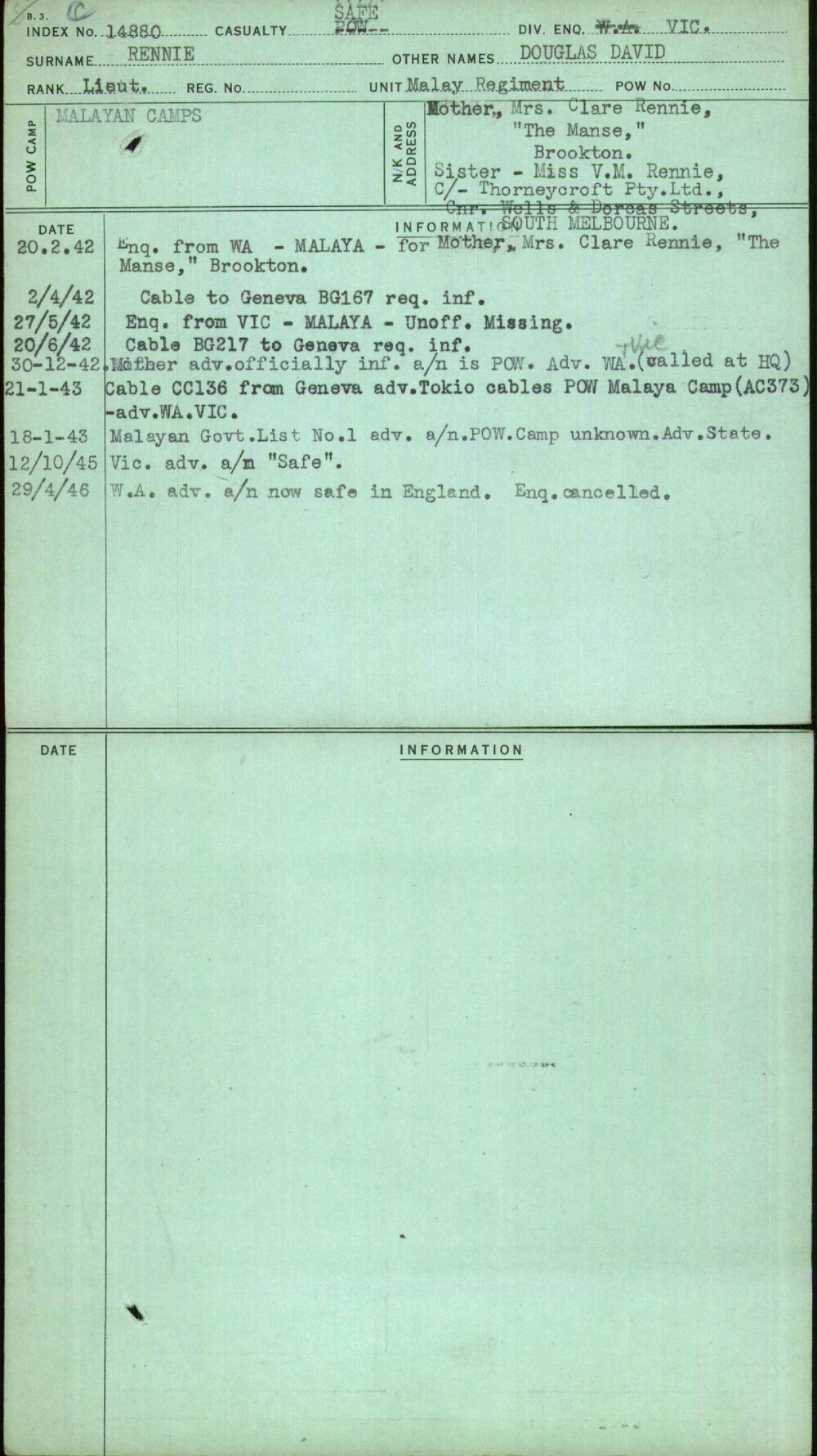 Rennie, Douglas David, [No Service Number]