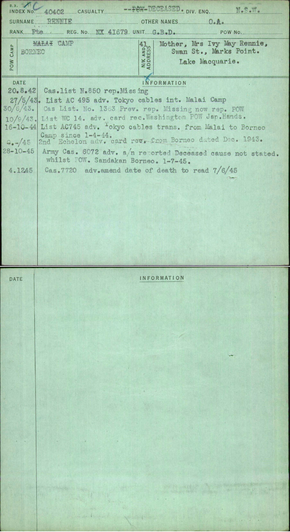 Rennie, O A, NX41679