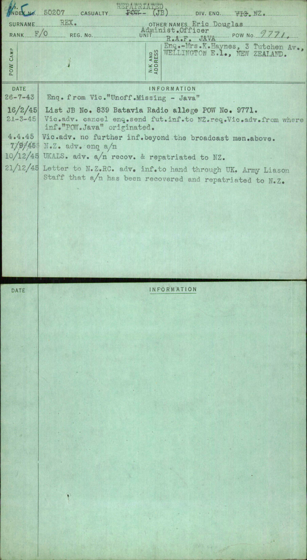 Rex, Eric Douglas, [No Service Number]