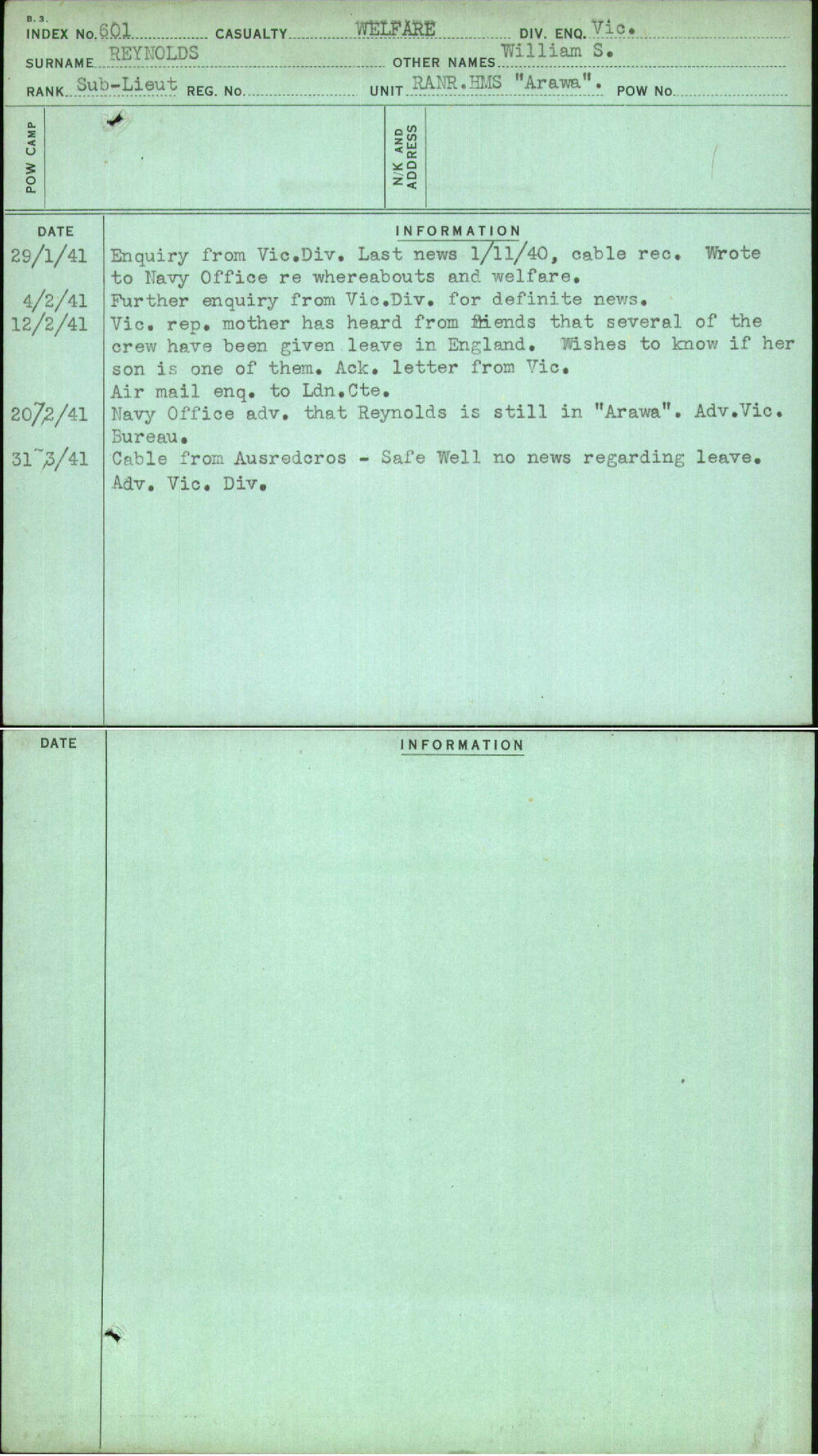 Reynolds, William S, [No Service Number]