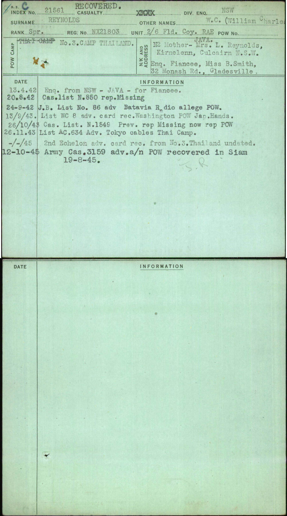 Reynolds, W C (William Charles), NX21803