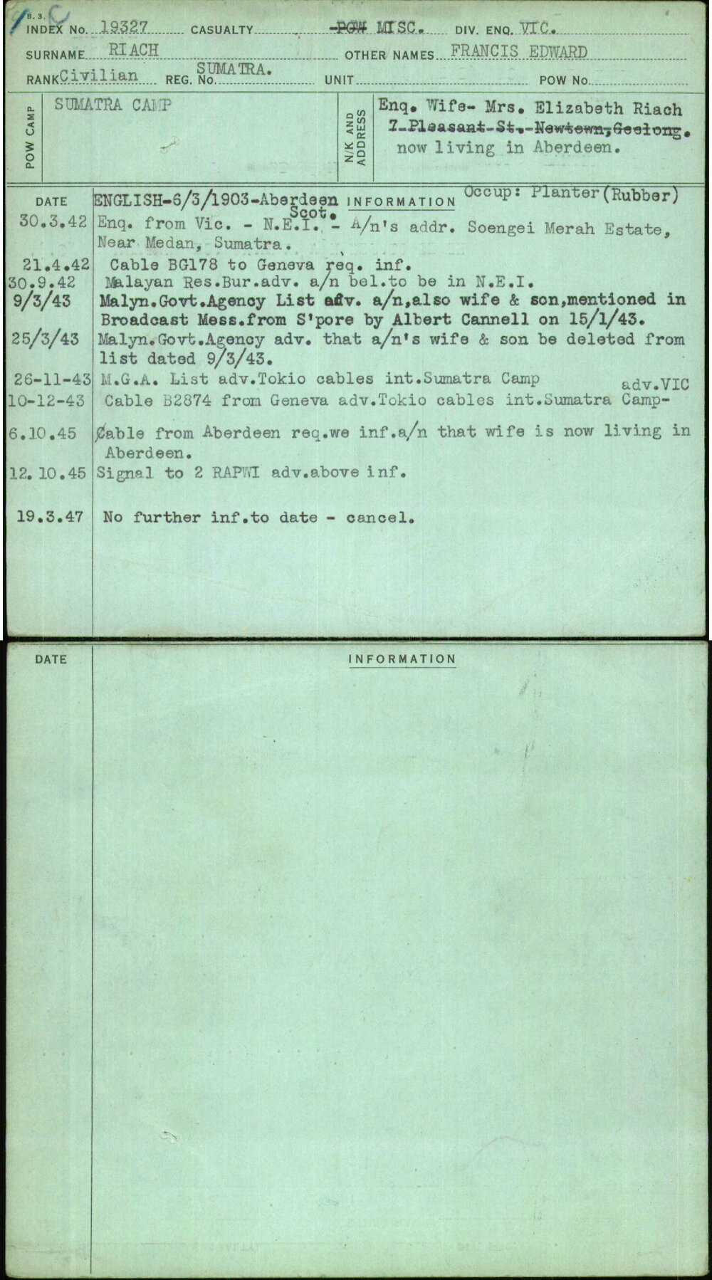 Riach, Francis Edward, Sumatra