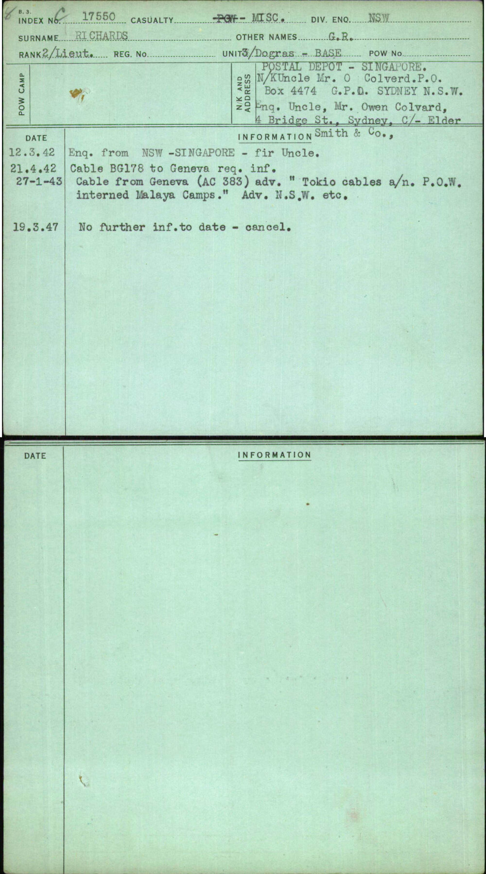 Richards, G R, [No Service Number]