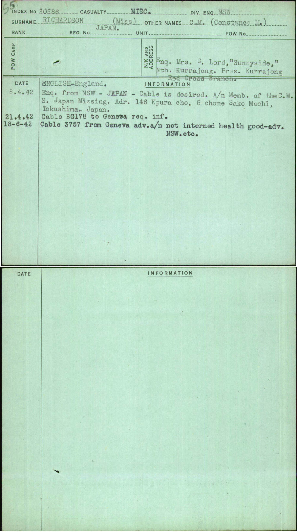 Richardson (Miss), C M (Constance M), Japan
