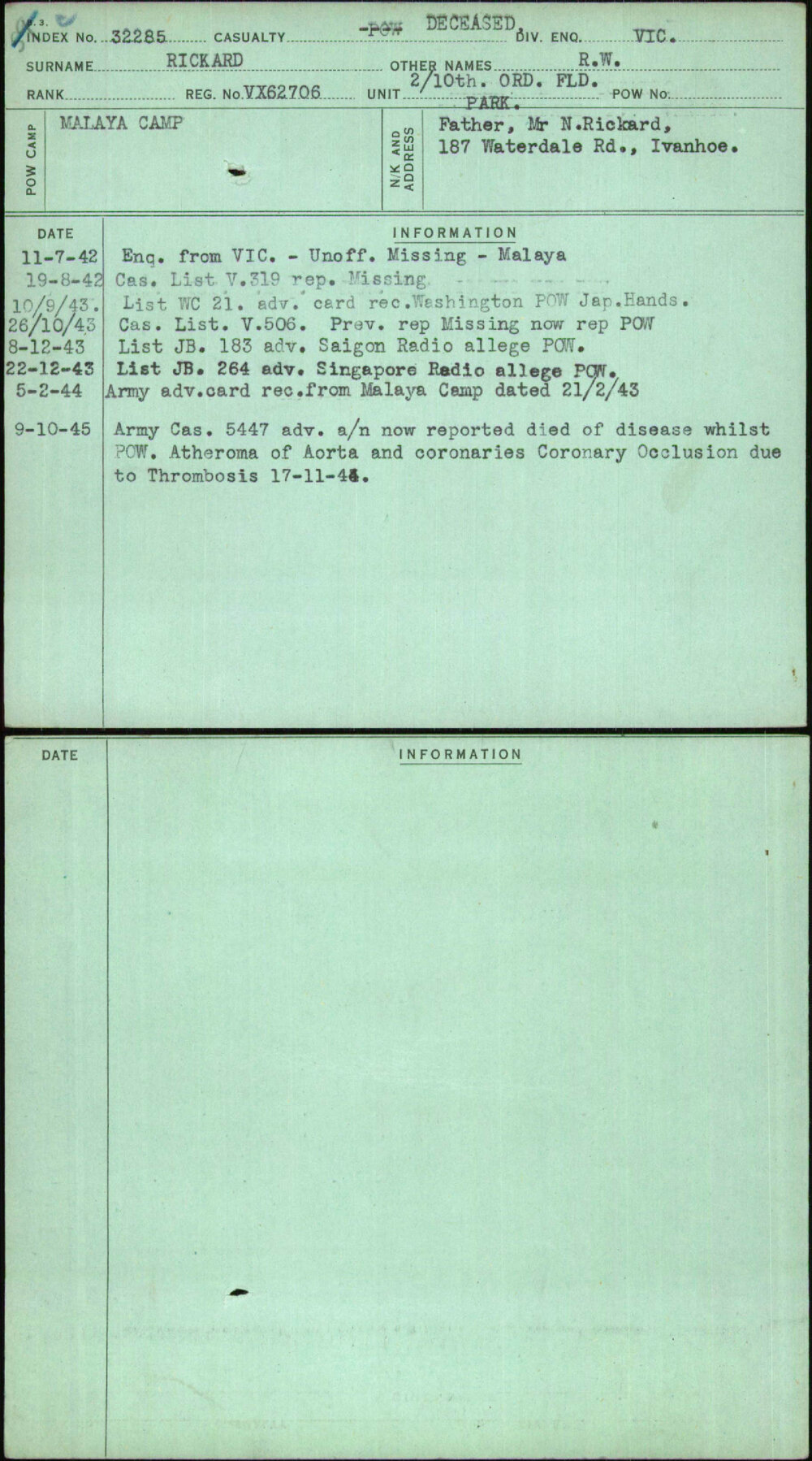 Rickard, R W, VX62706