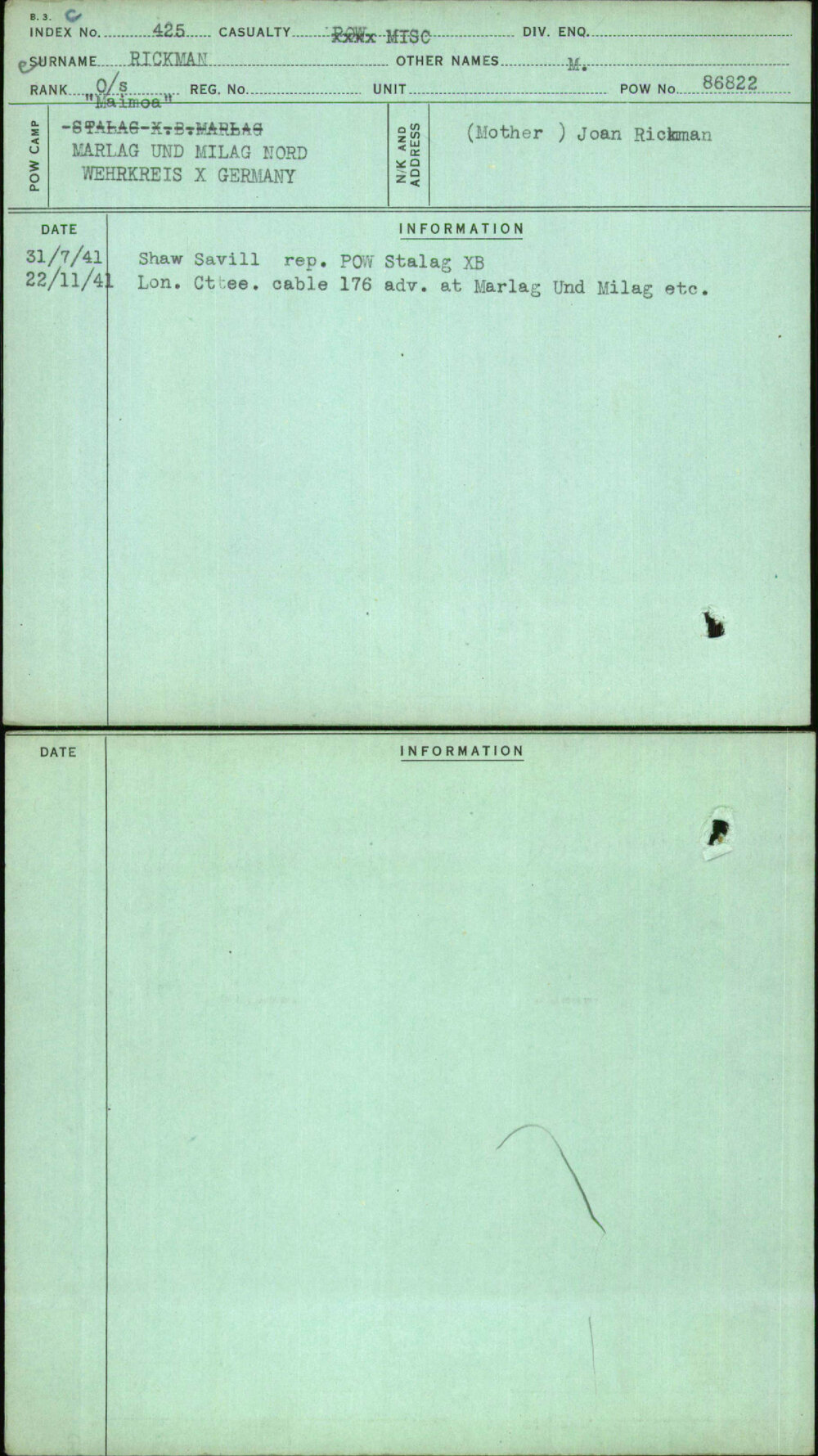 Rickman, M, [No Service Number]