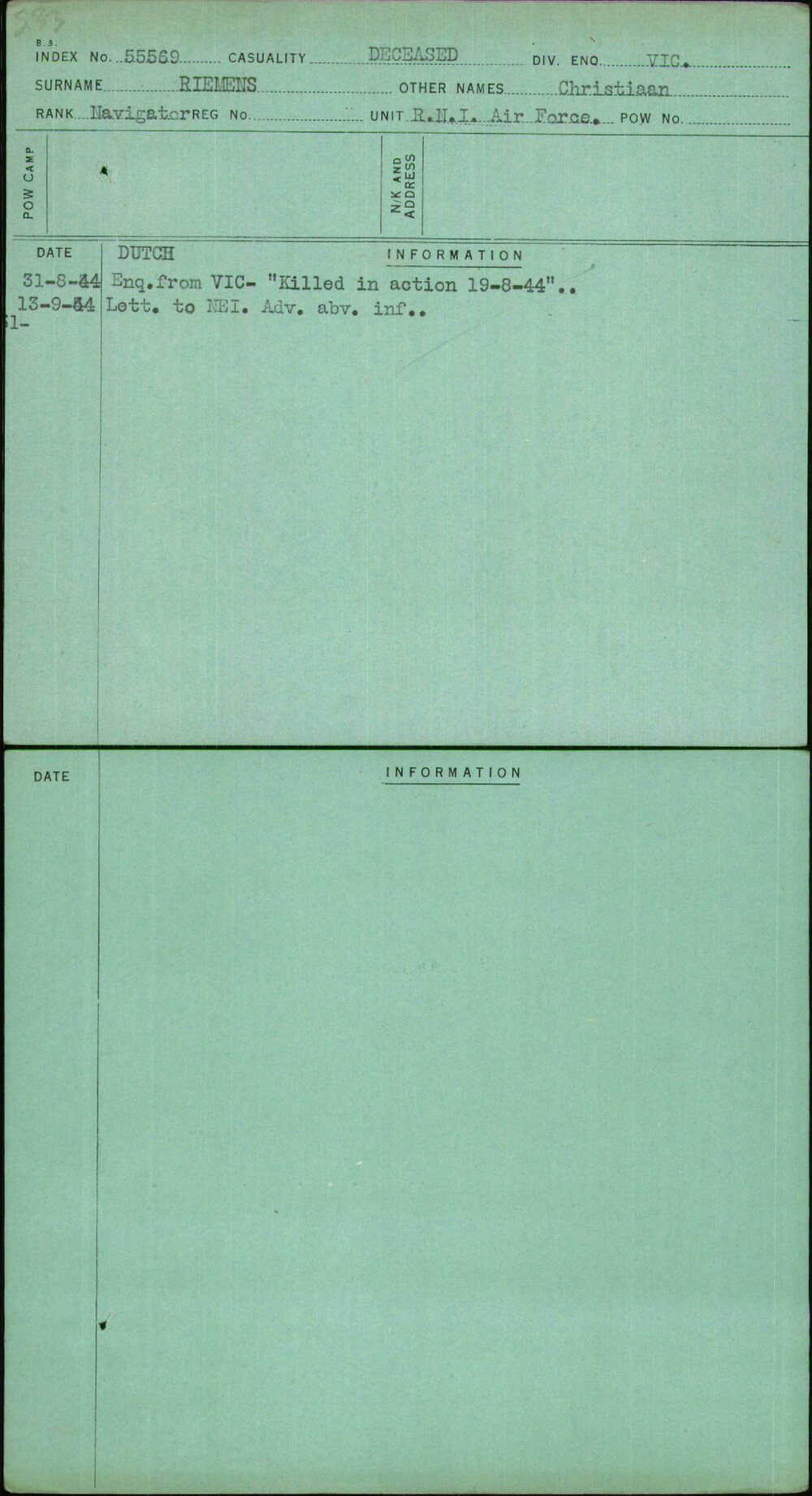 Riemens, Christiaan, [No Service Number]