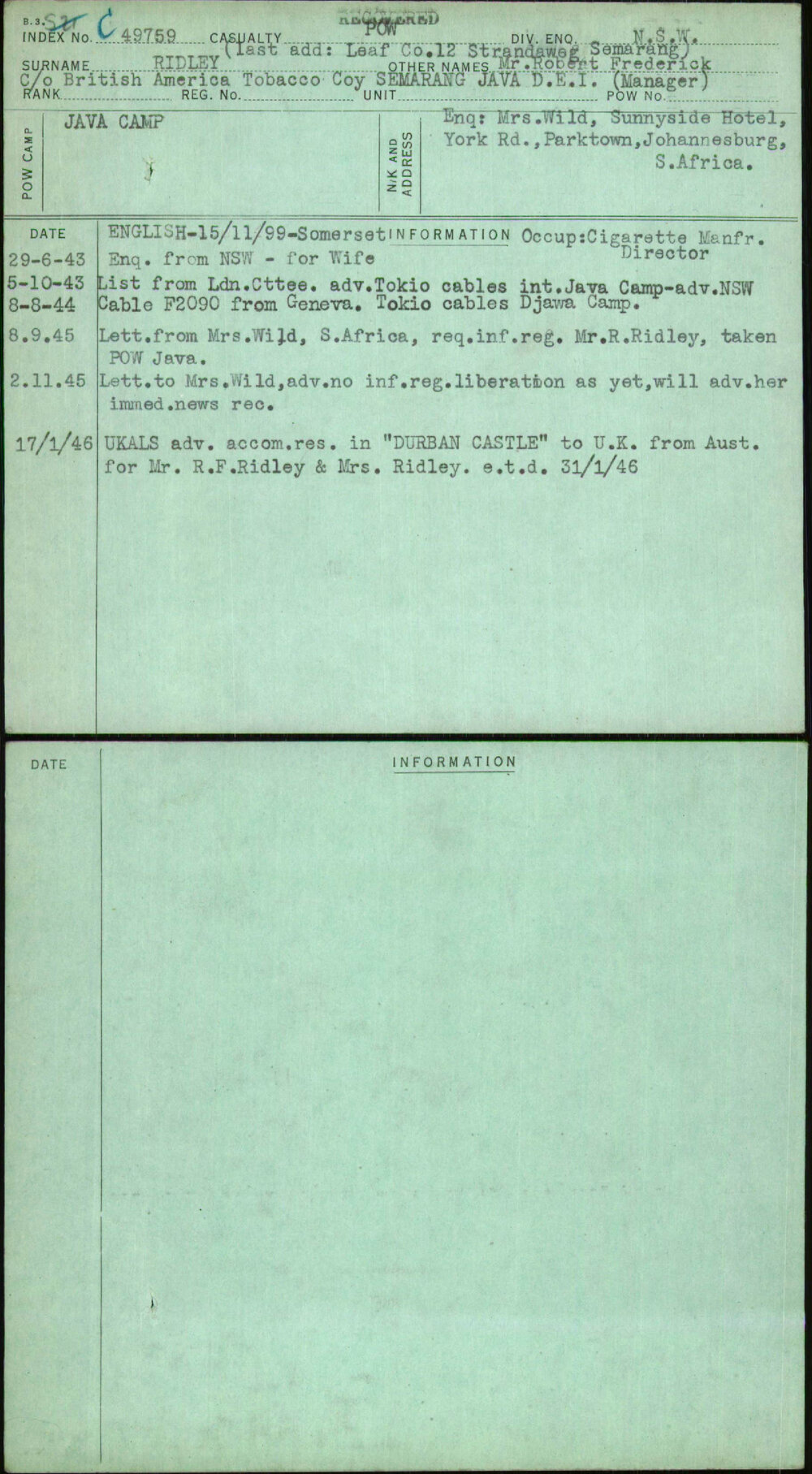 Ridley, Mr Robert Frederick, [No Service Number]