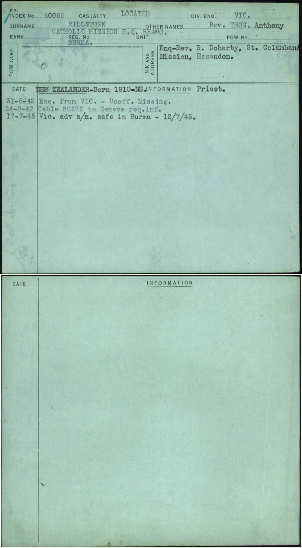 Rillstone, Rev Thos Anthony, Catholic Mission Hq Bhamo