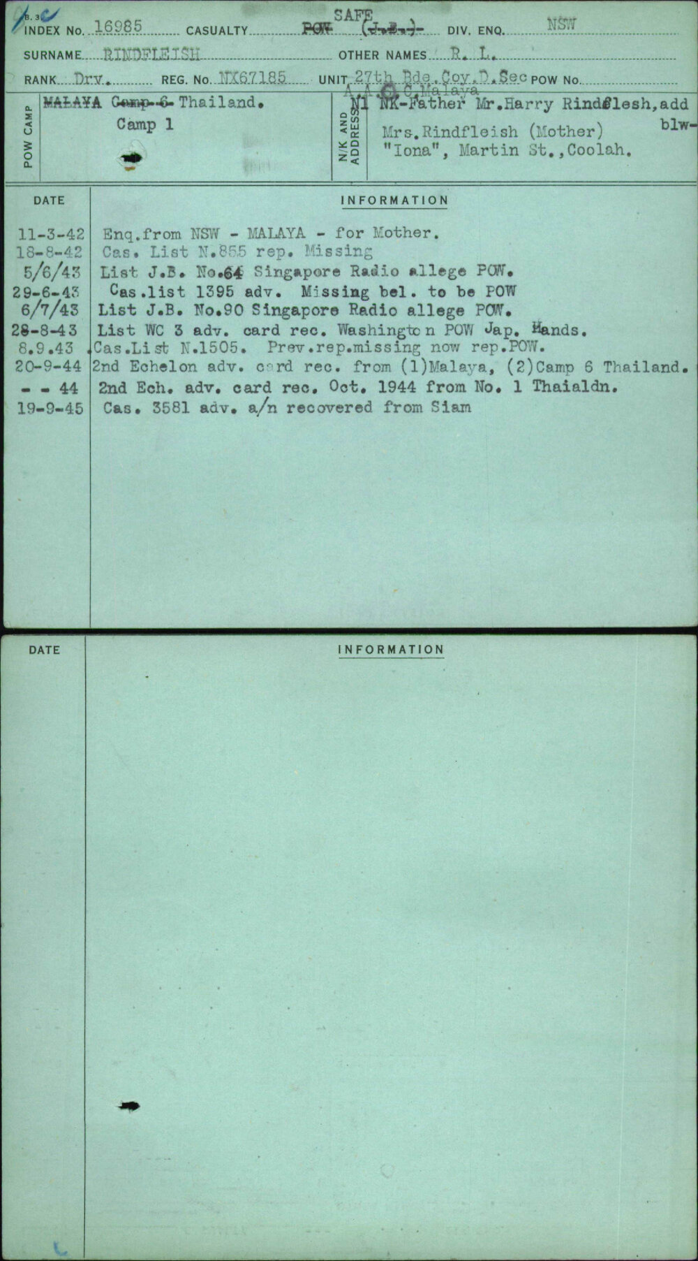 Rindfleish, R L, NX67185