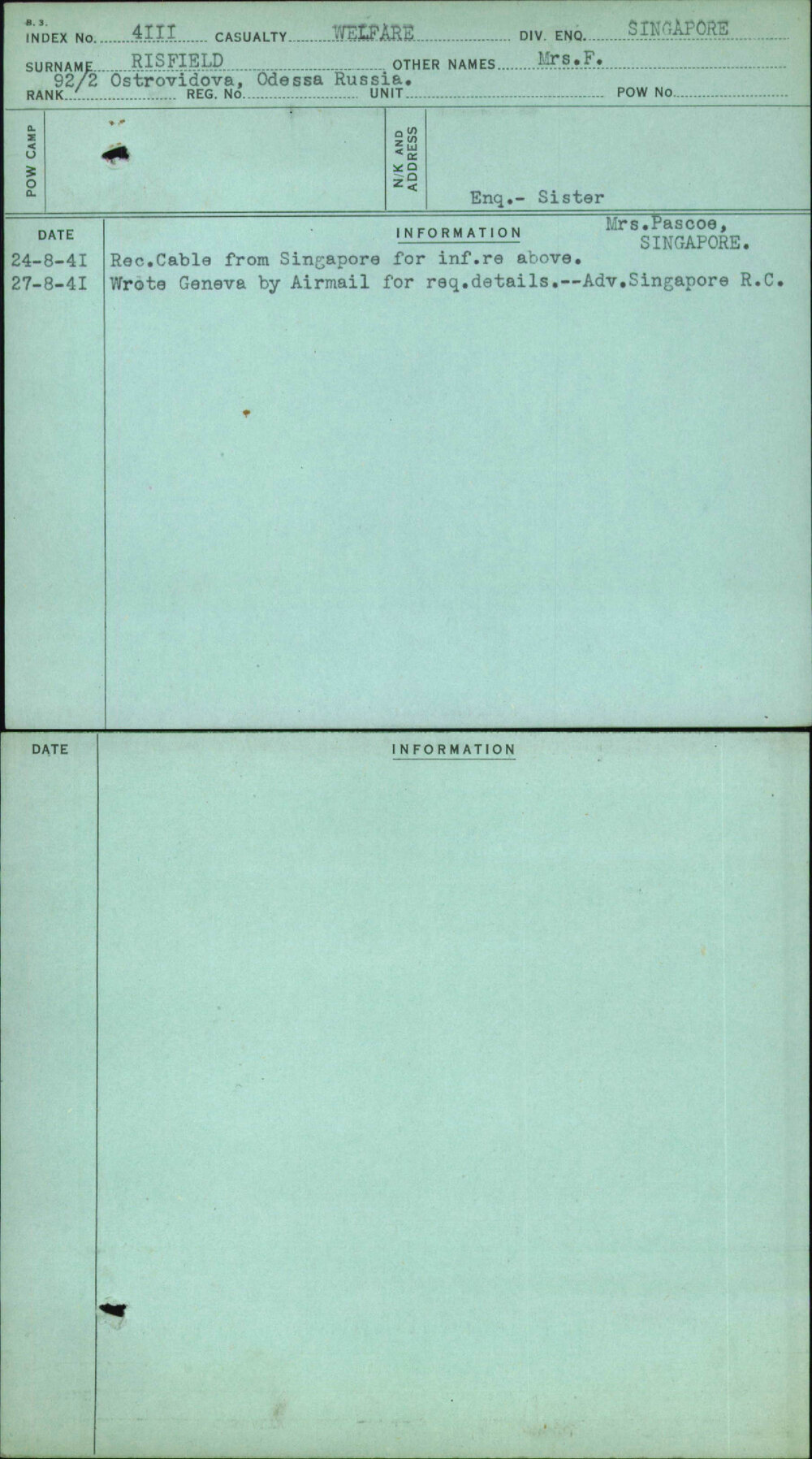 Risfield, Mrs F, [No Service Number]