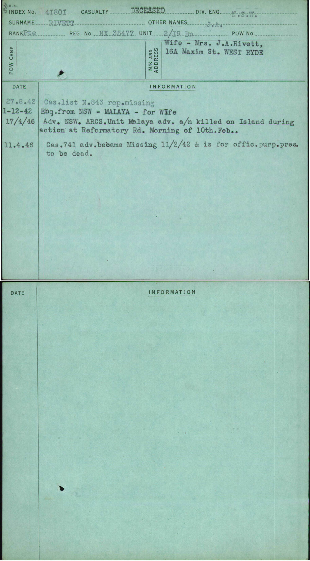 Rivett, J A, NX35477