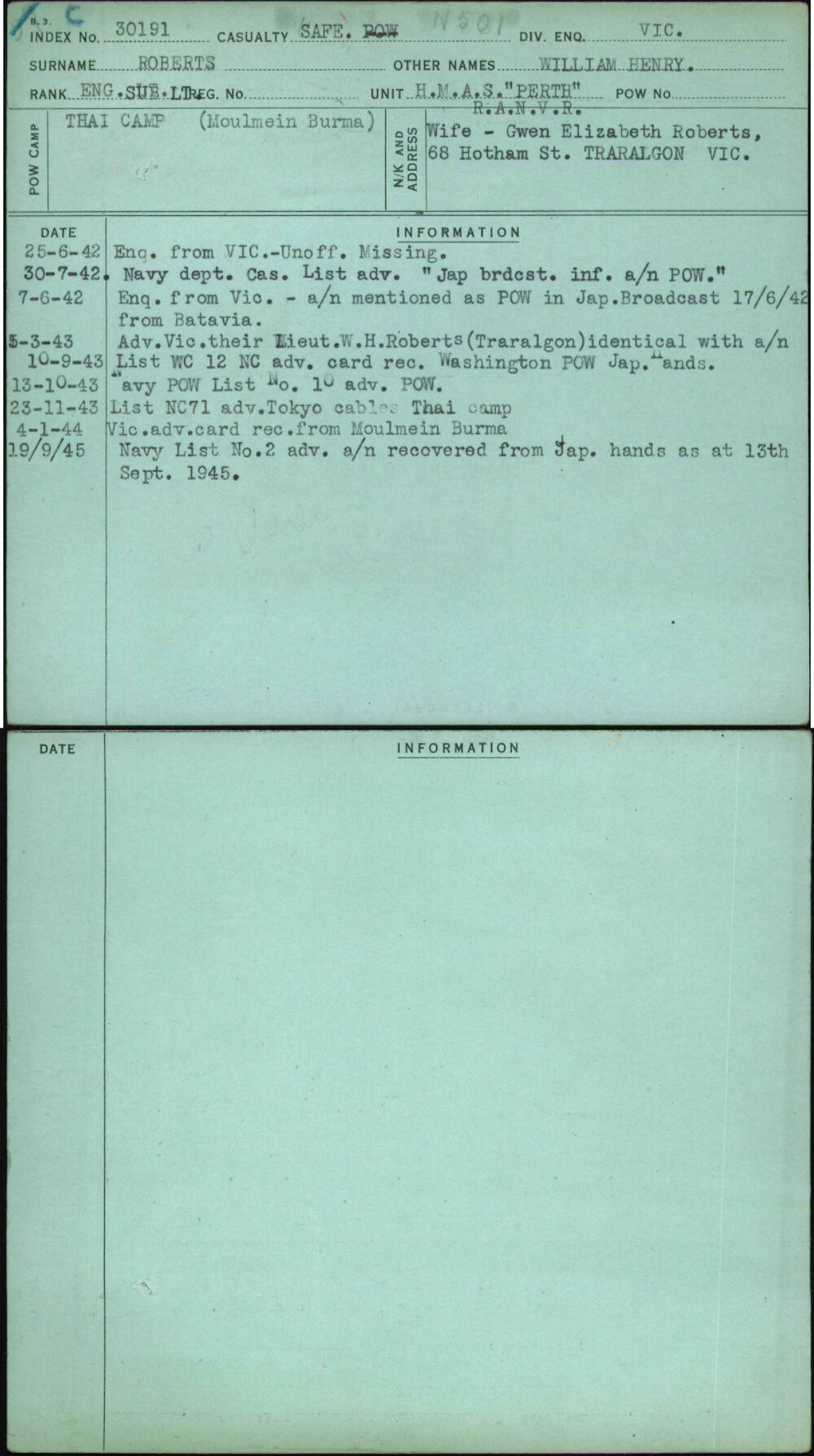 Roberts, William Henry, [No Service Number]