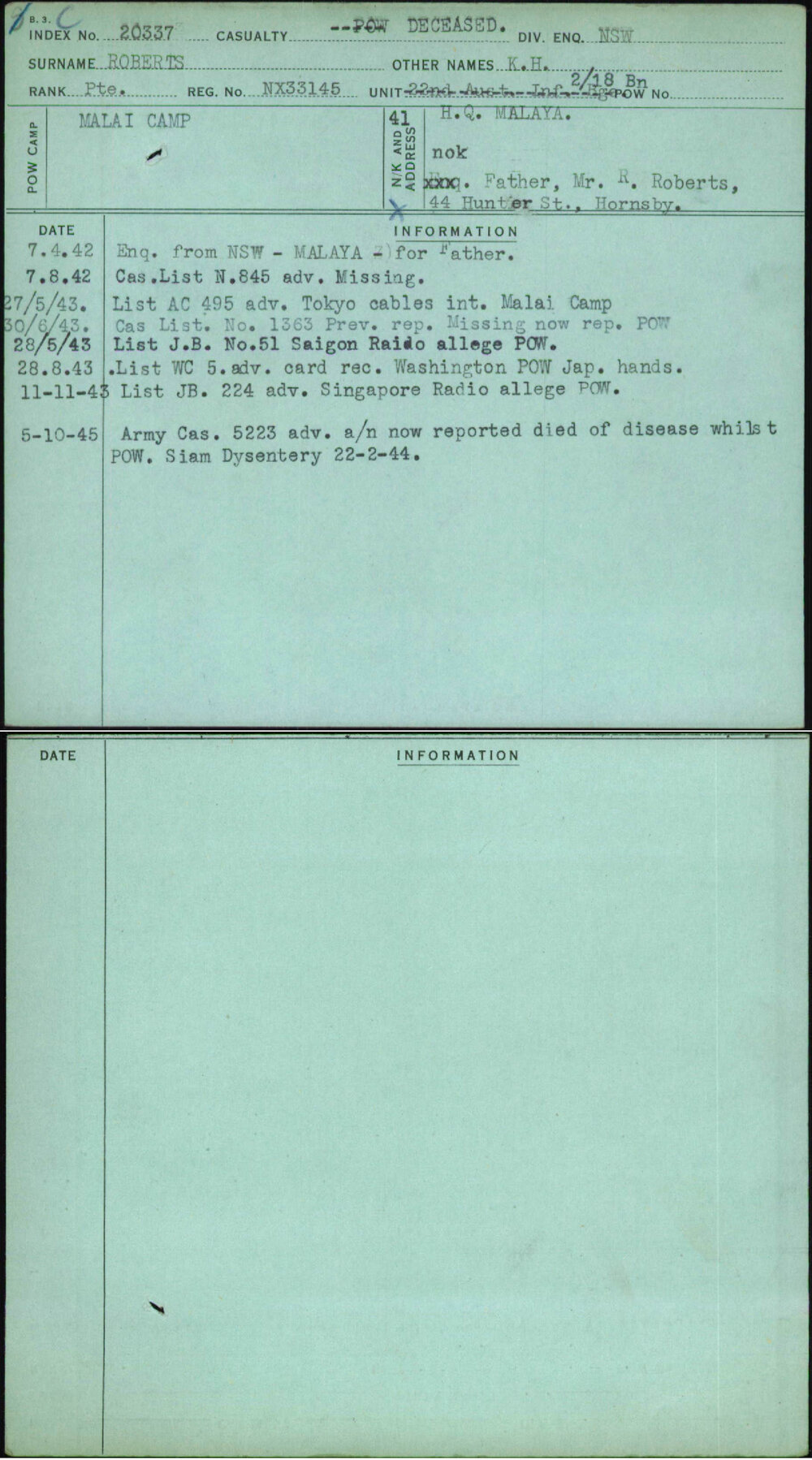 Roberts, K H, NX33145