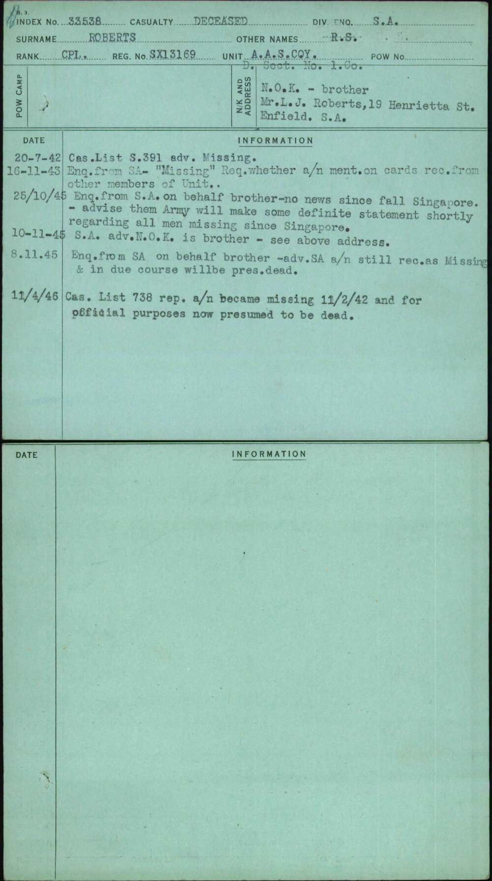 Roberts, R S, SX13169