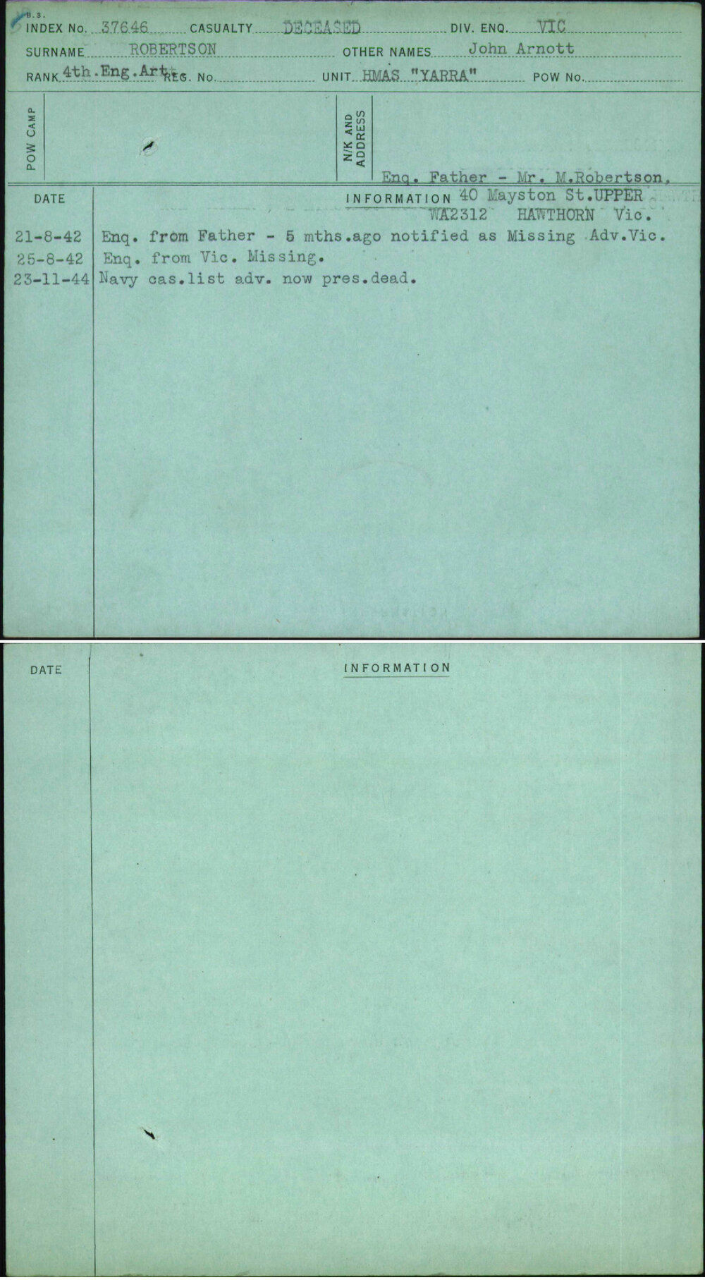 Robertson, John Arnott, [No Service Number]