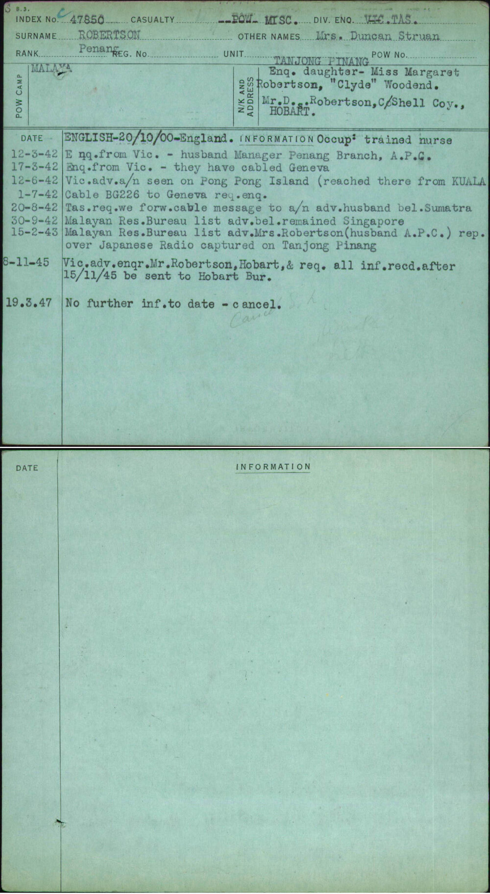 Robertson, Mrs Duncan Struan, [No Service Number]