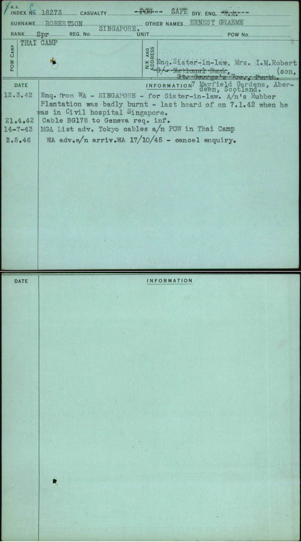 Robertson, Ernest Graeme, Singapore