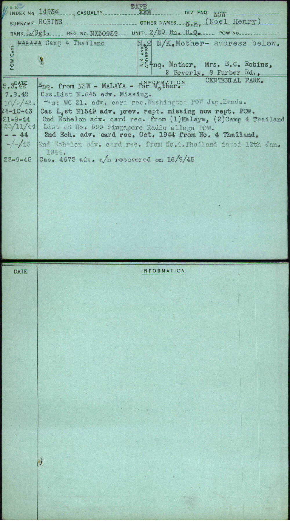 Robins, N H (Noel Henry), NX50959