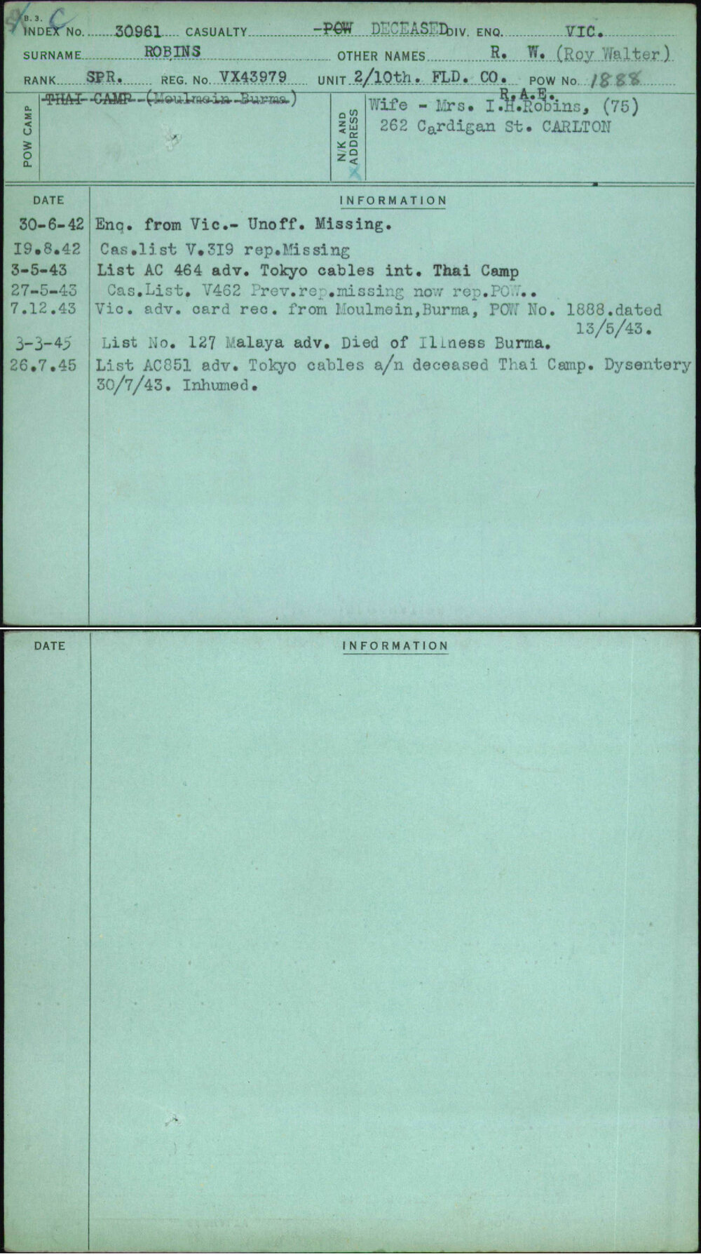 Robins, R W (Roy Walter), VX43979