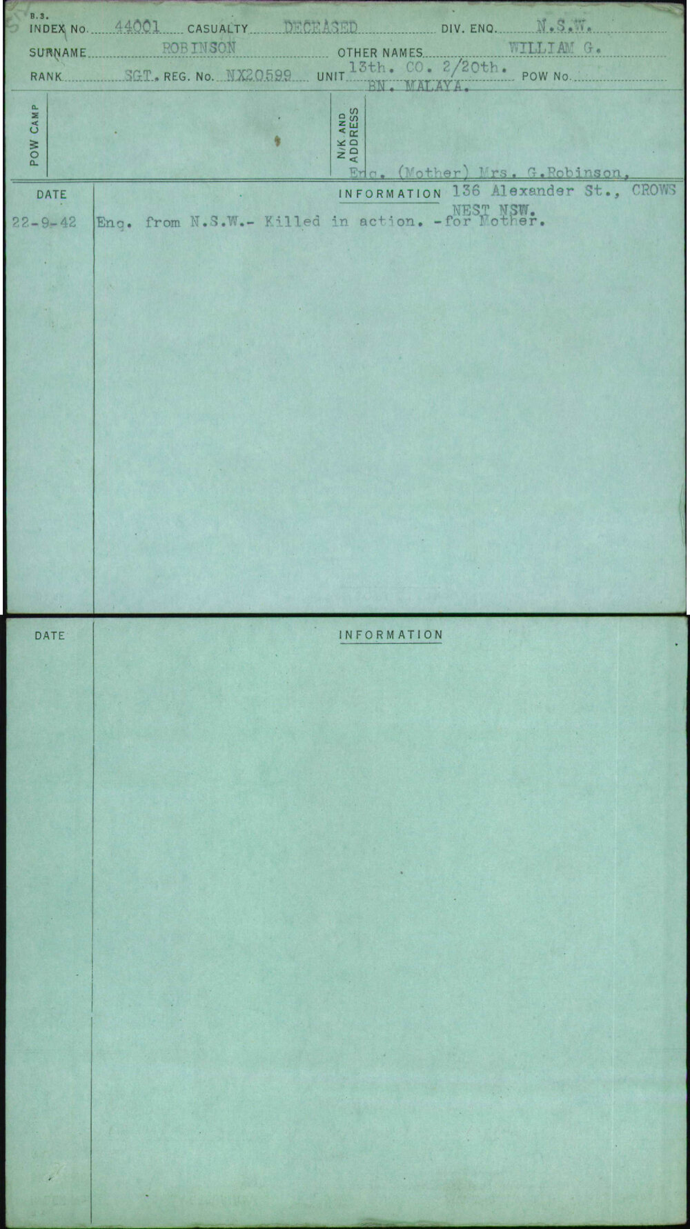 Robinson, William G, NX20599