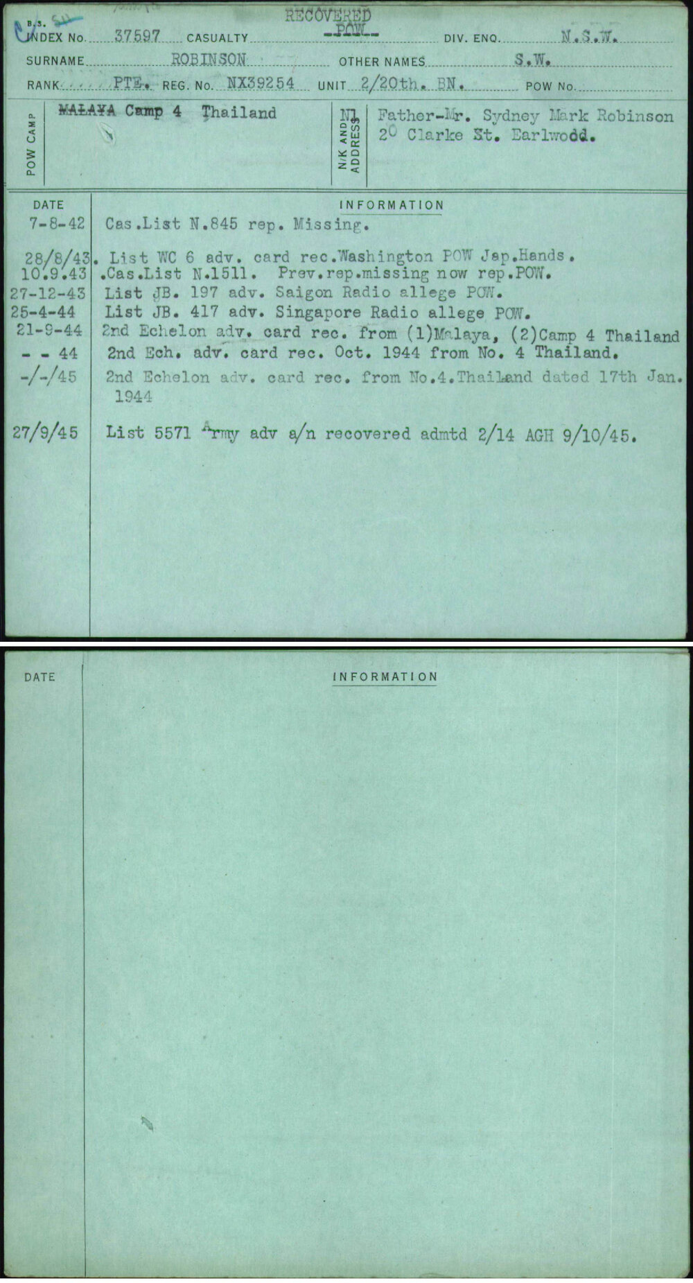 Robinson, S W, NX39254