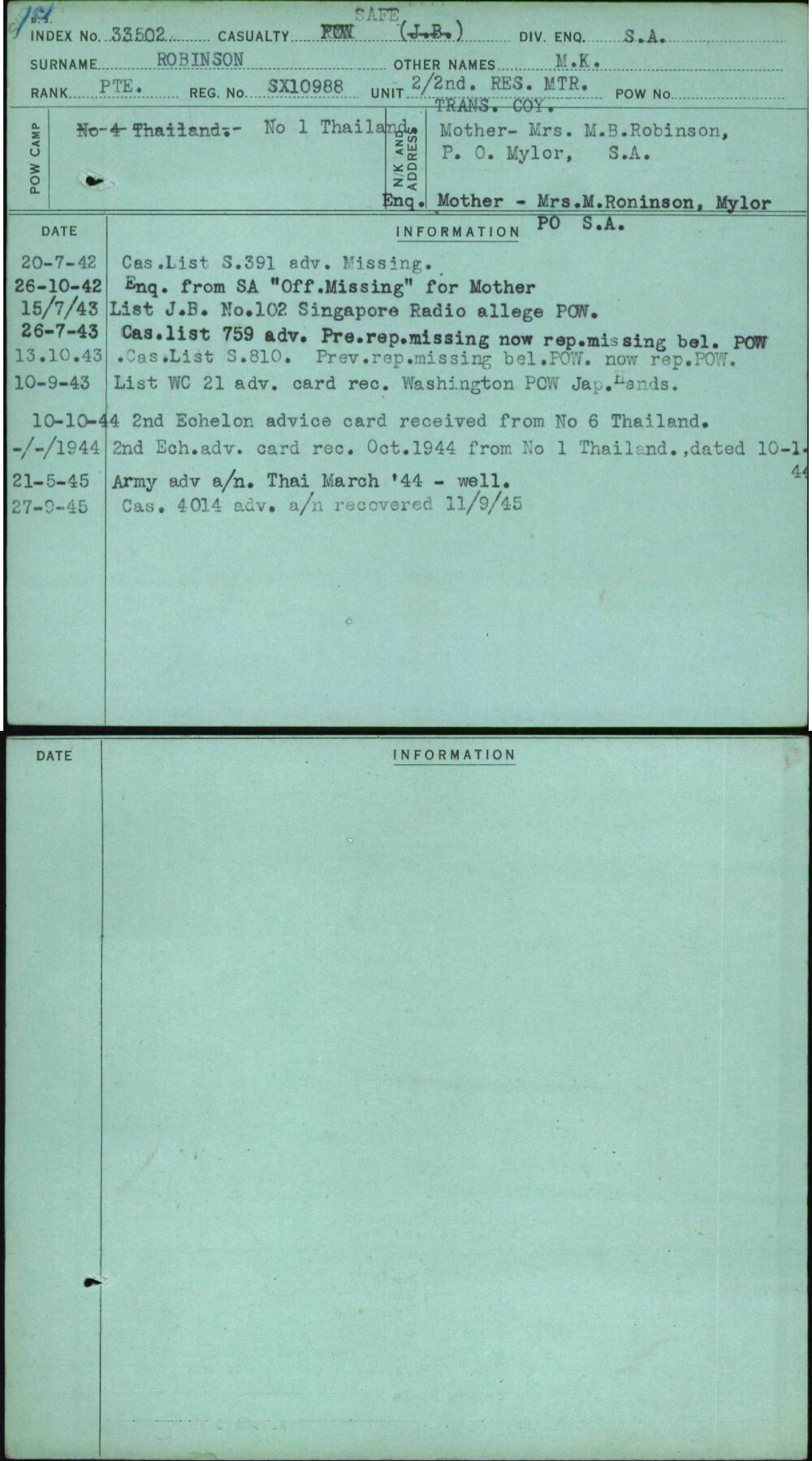 Robinson, M K, SX10988