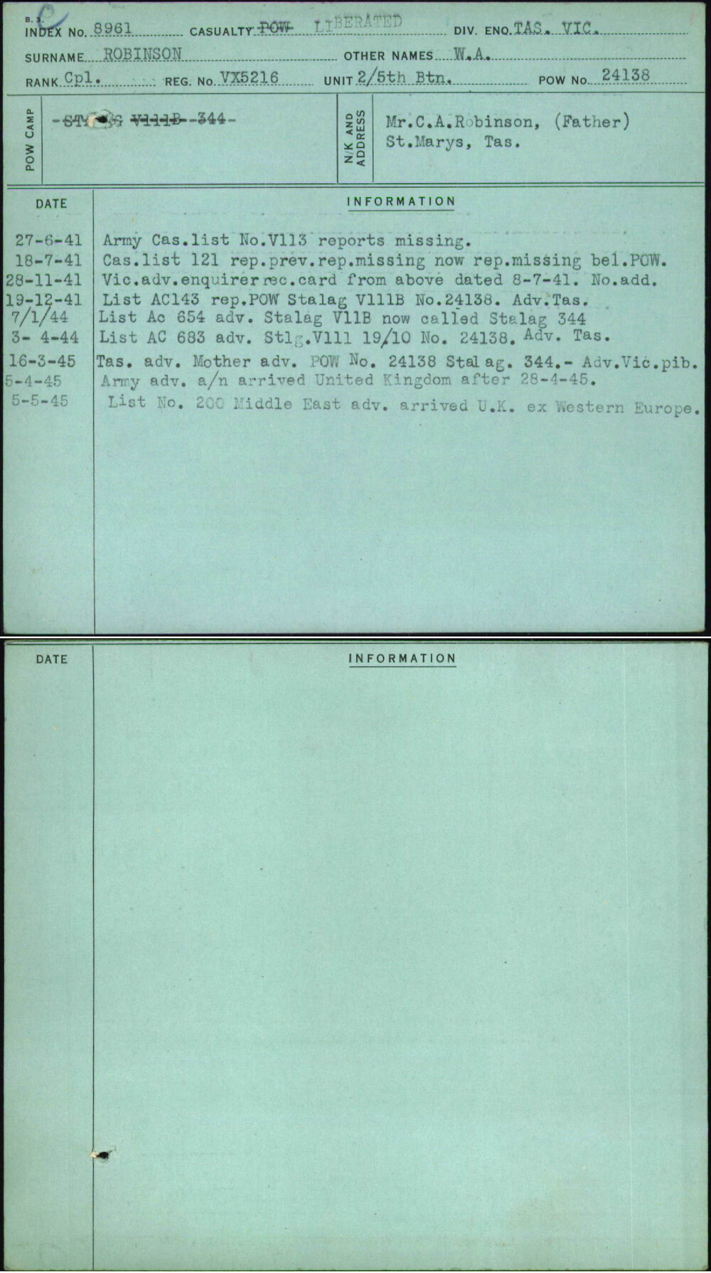 Robinson, W A, VX5216