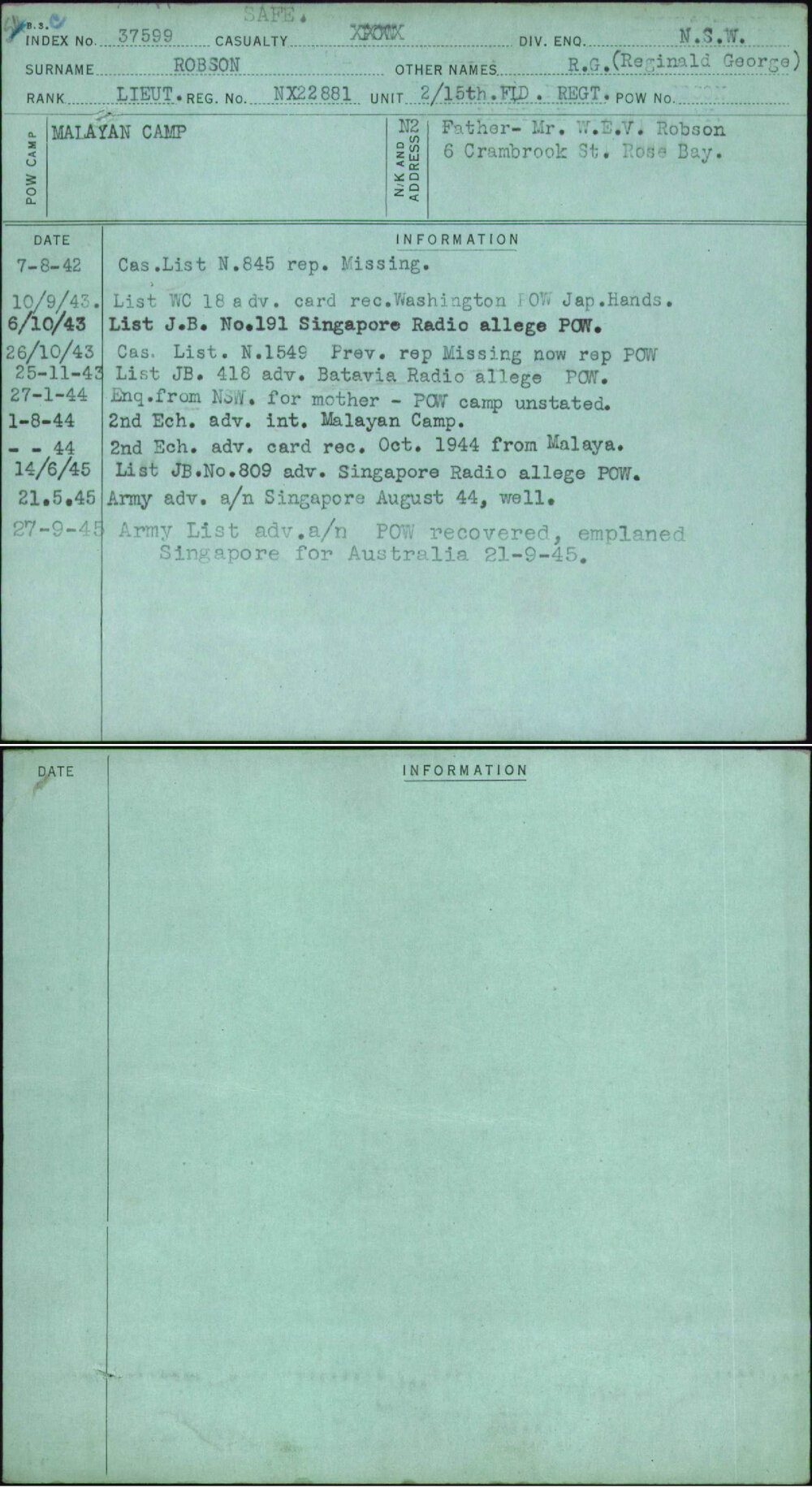 Robson, R G (Reginald George), NX22881