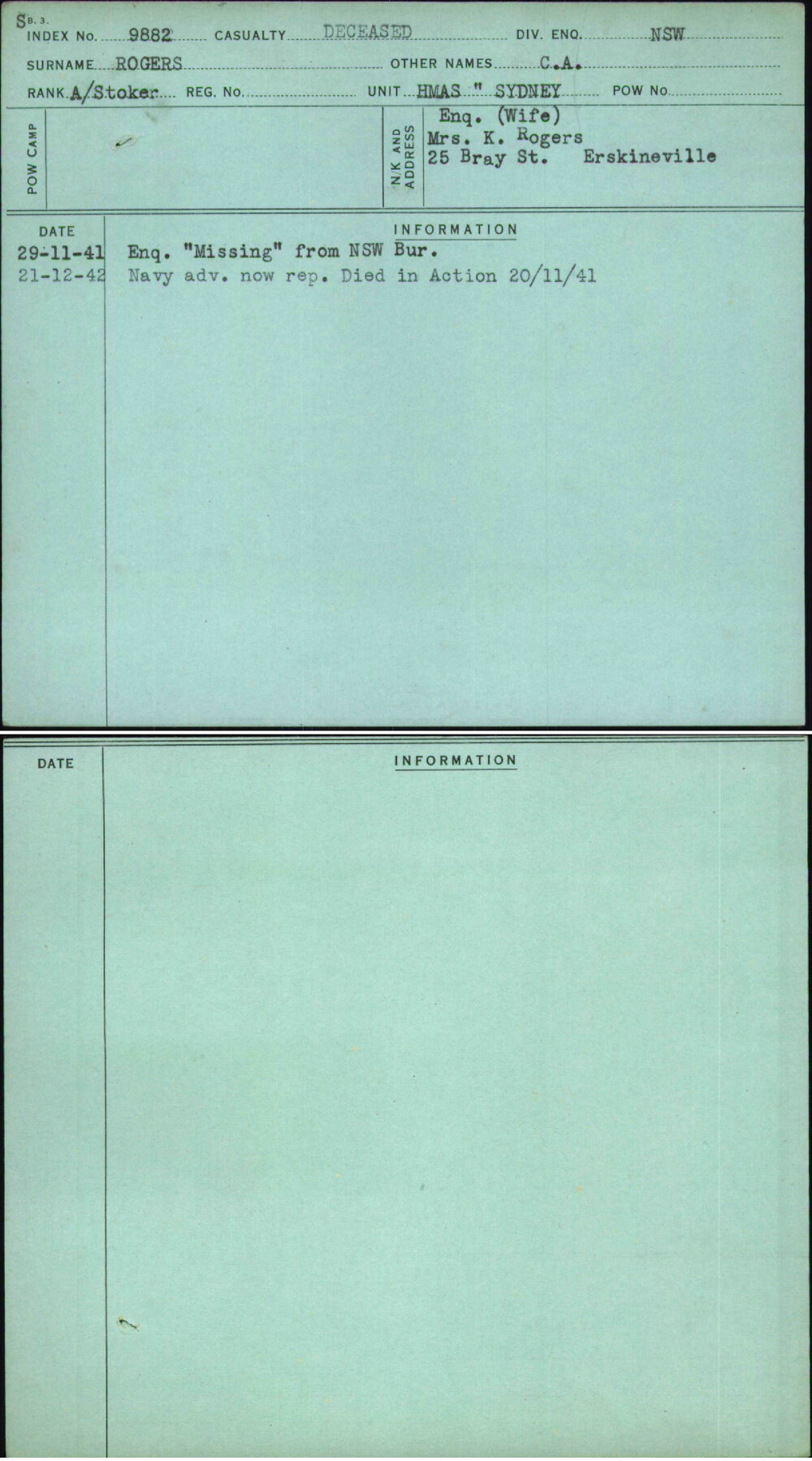 Rogers, C A, [No Service Number]