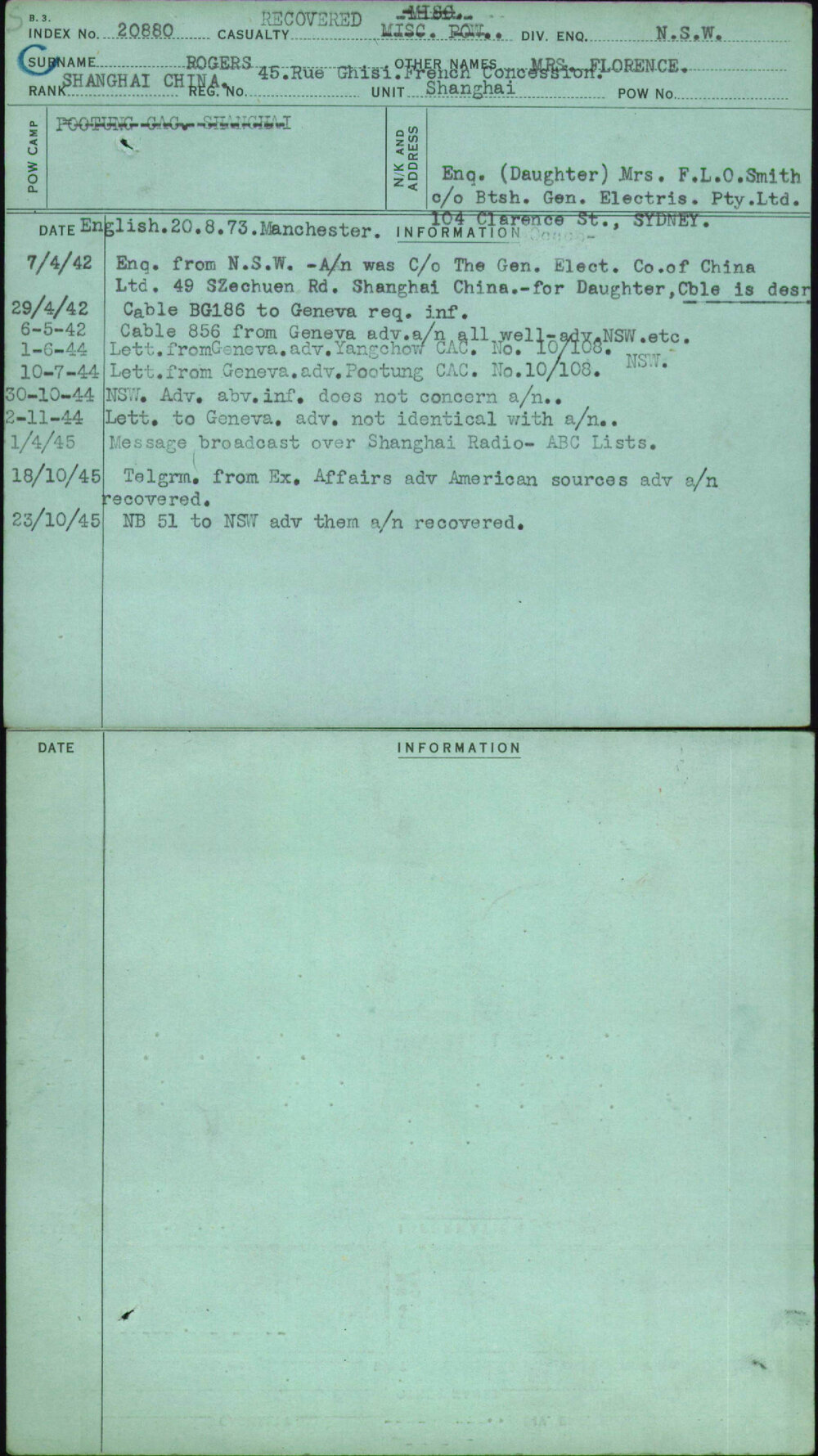 Rogers, Mrs Florence, [No Service Number]