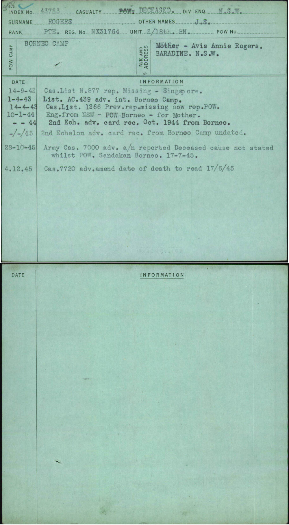 Rogers, J S, NX31764