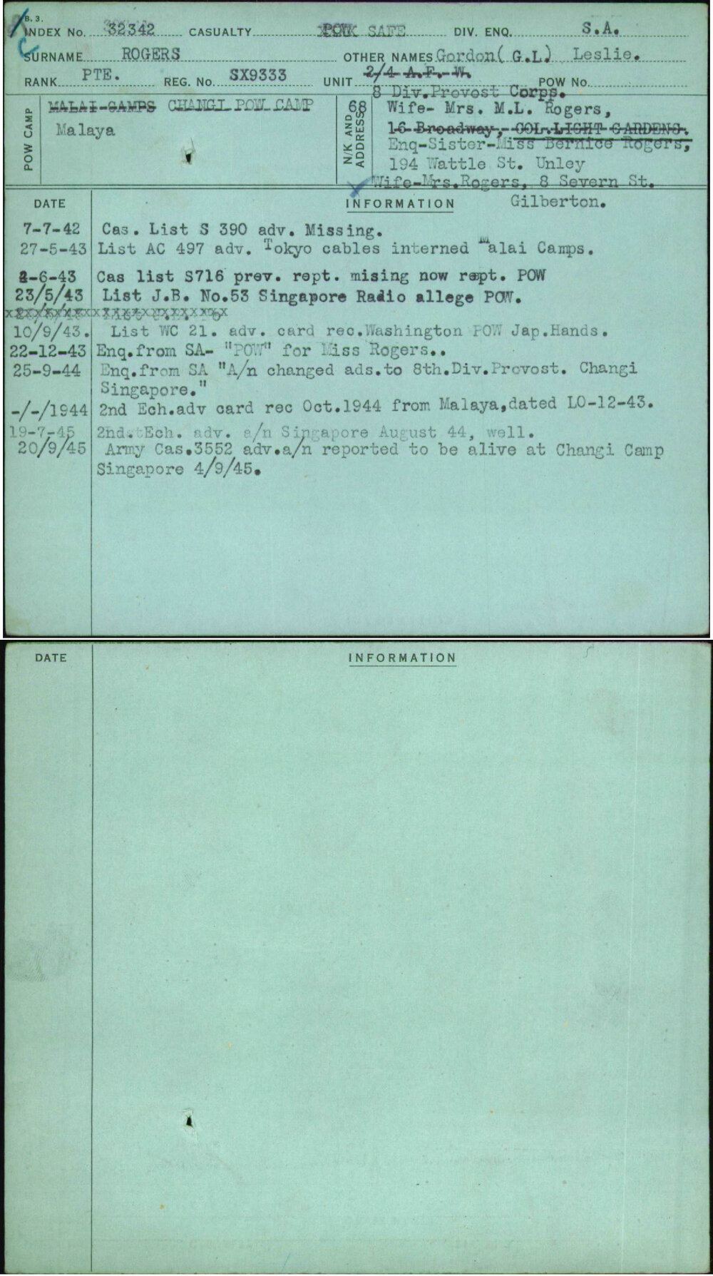 Rogers, Gordon (G L) Leslie, SX9333