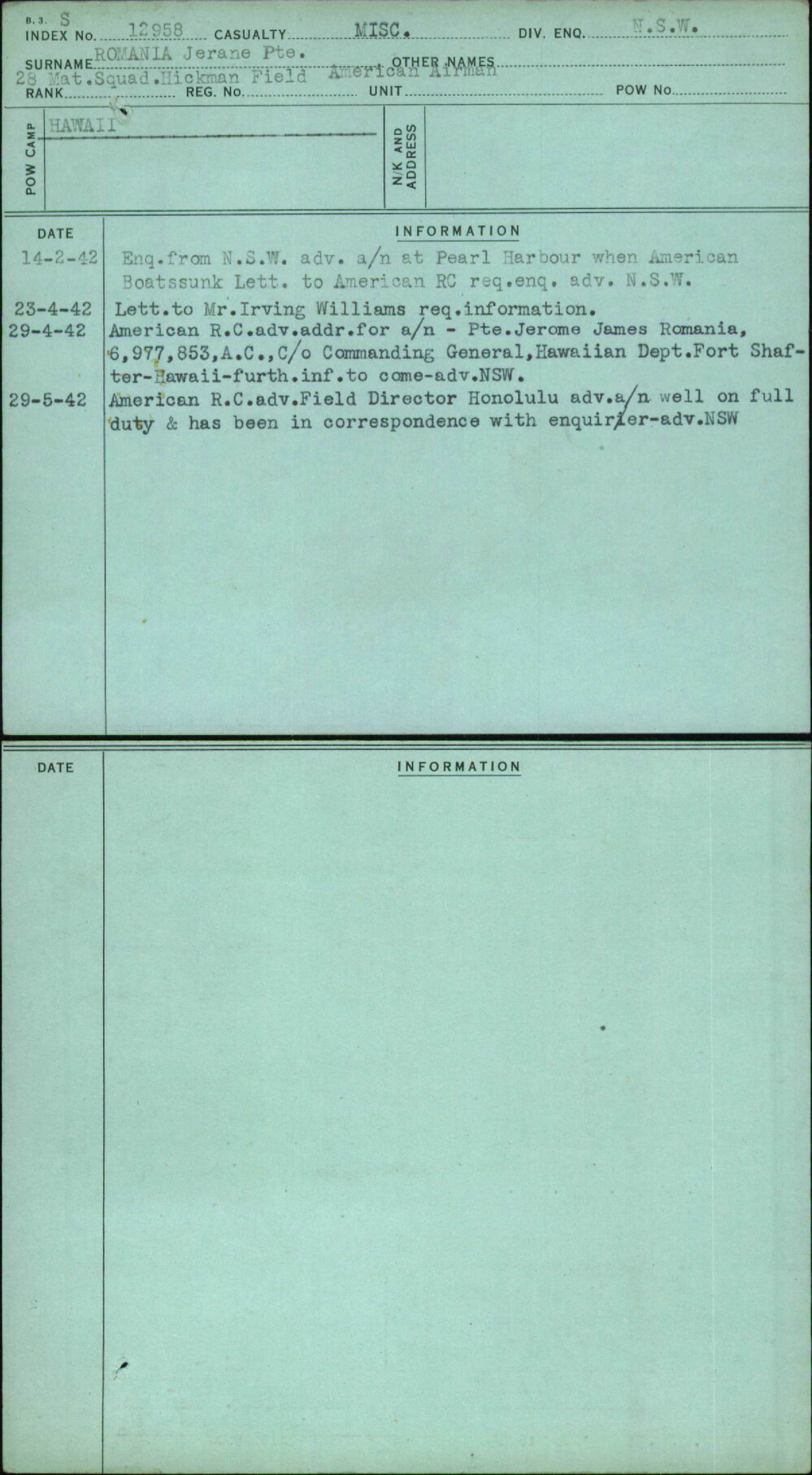 Romania Jerane Pte, [No Given Name], [No Service Number]