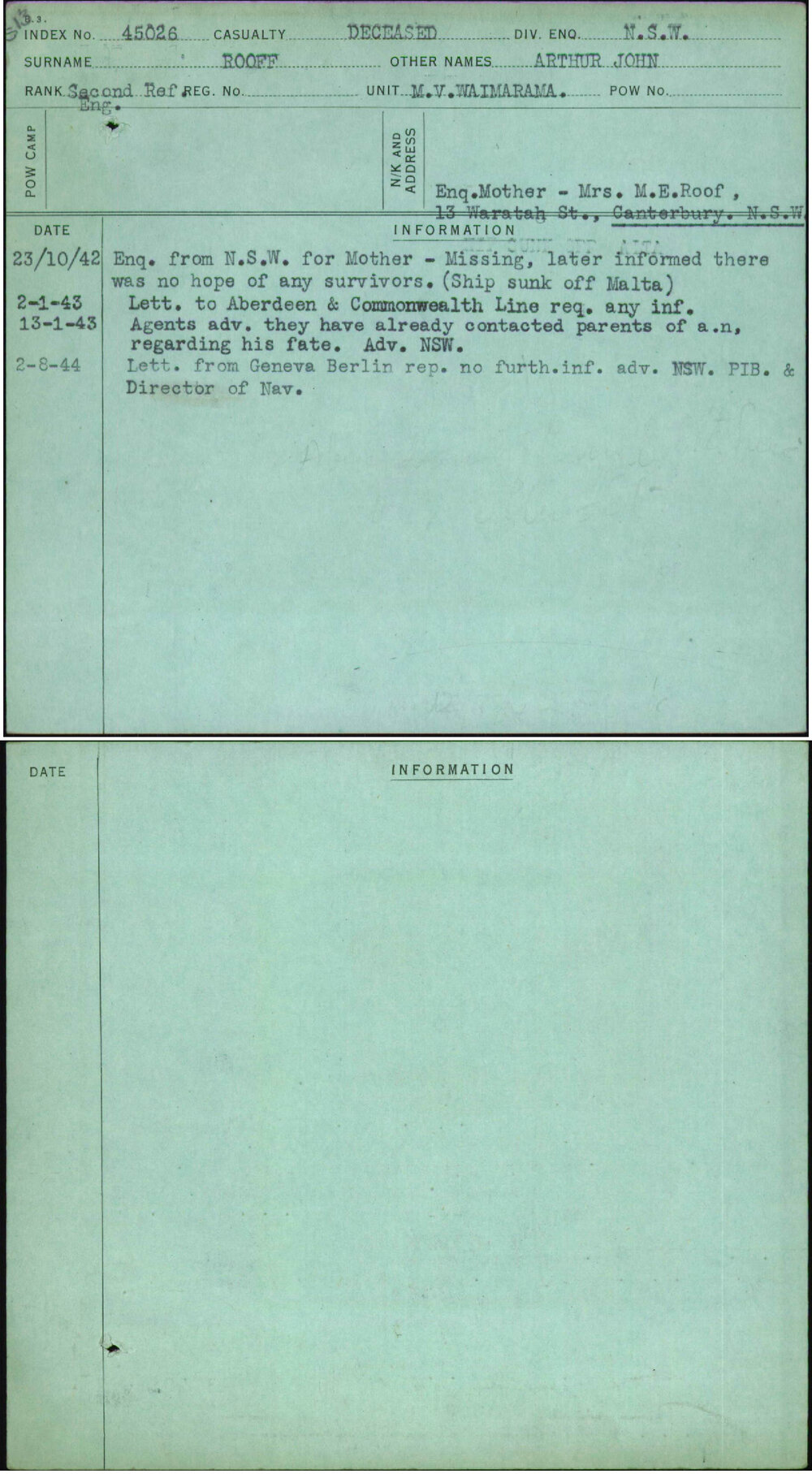 Rooff, Arthur John, [No Service Number]