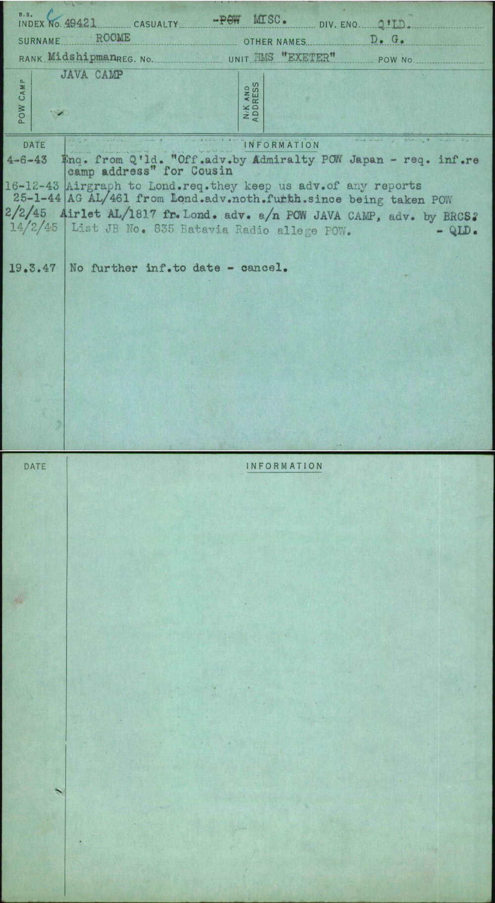 Roome, D G, [No Service Number]