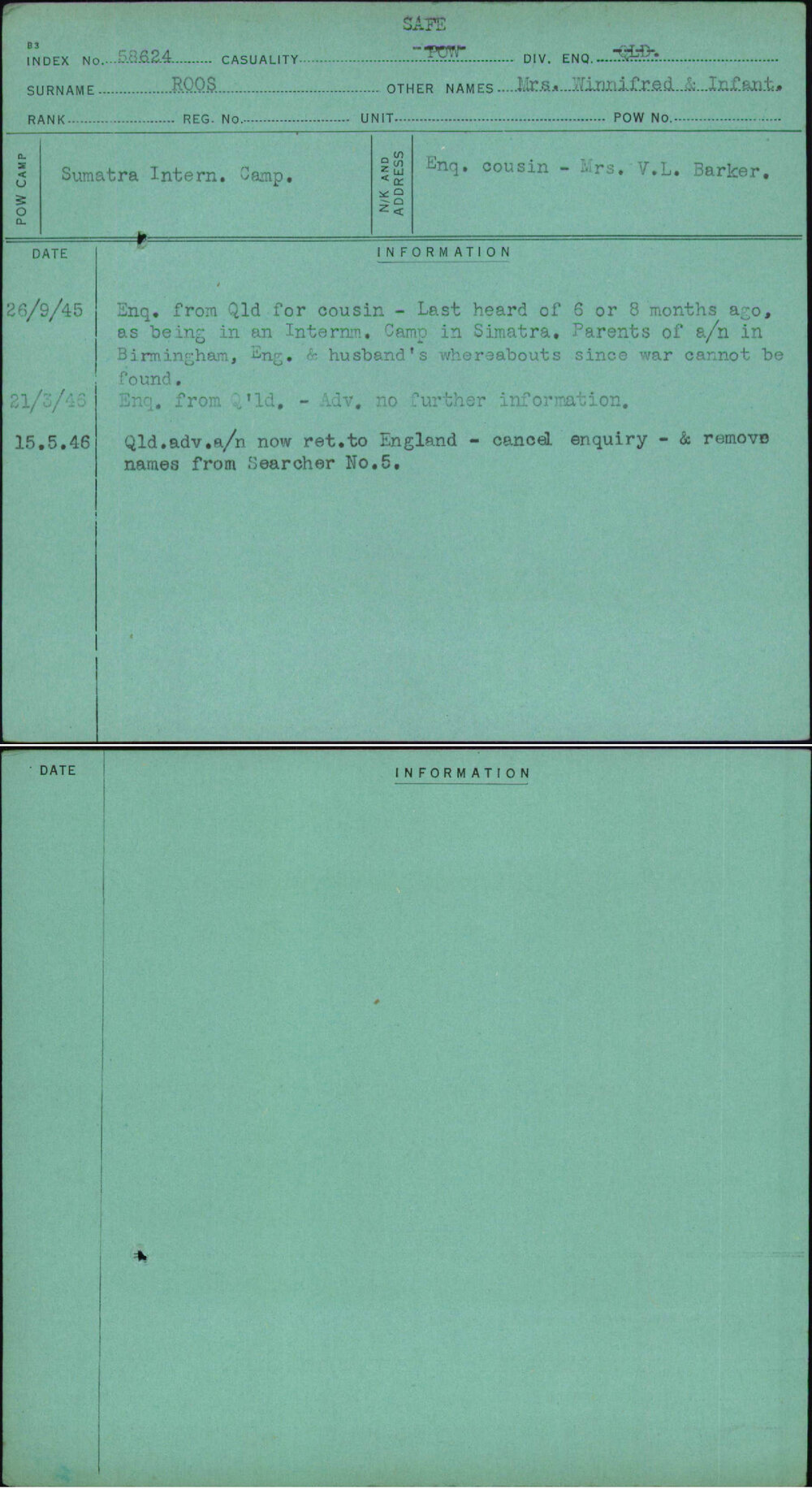 Roos, Mrs Winnifred &amp; Infant, [No Service Number]