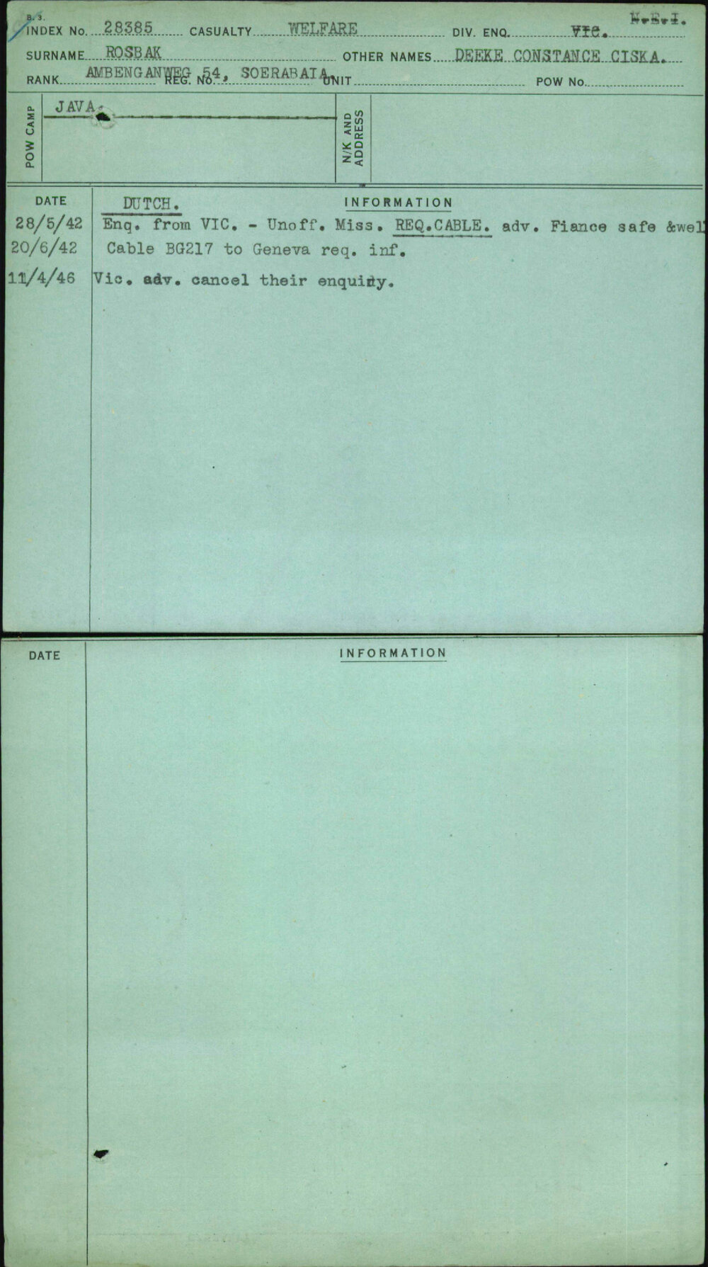 Rosbak, Deeke Constance Ciska, [No Service Number]