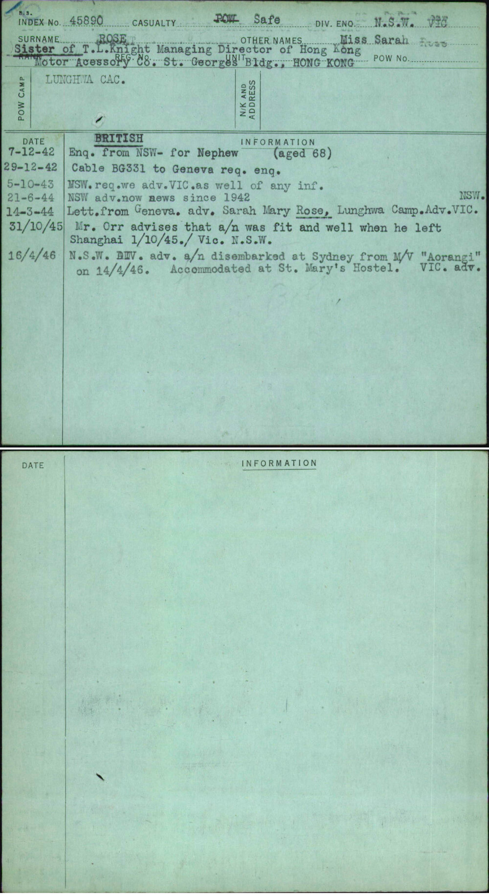 Rose, Miss Sarah, [No Service Number]